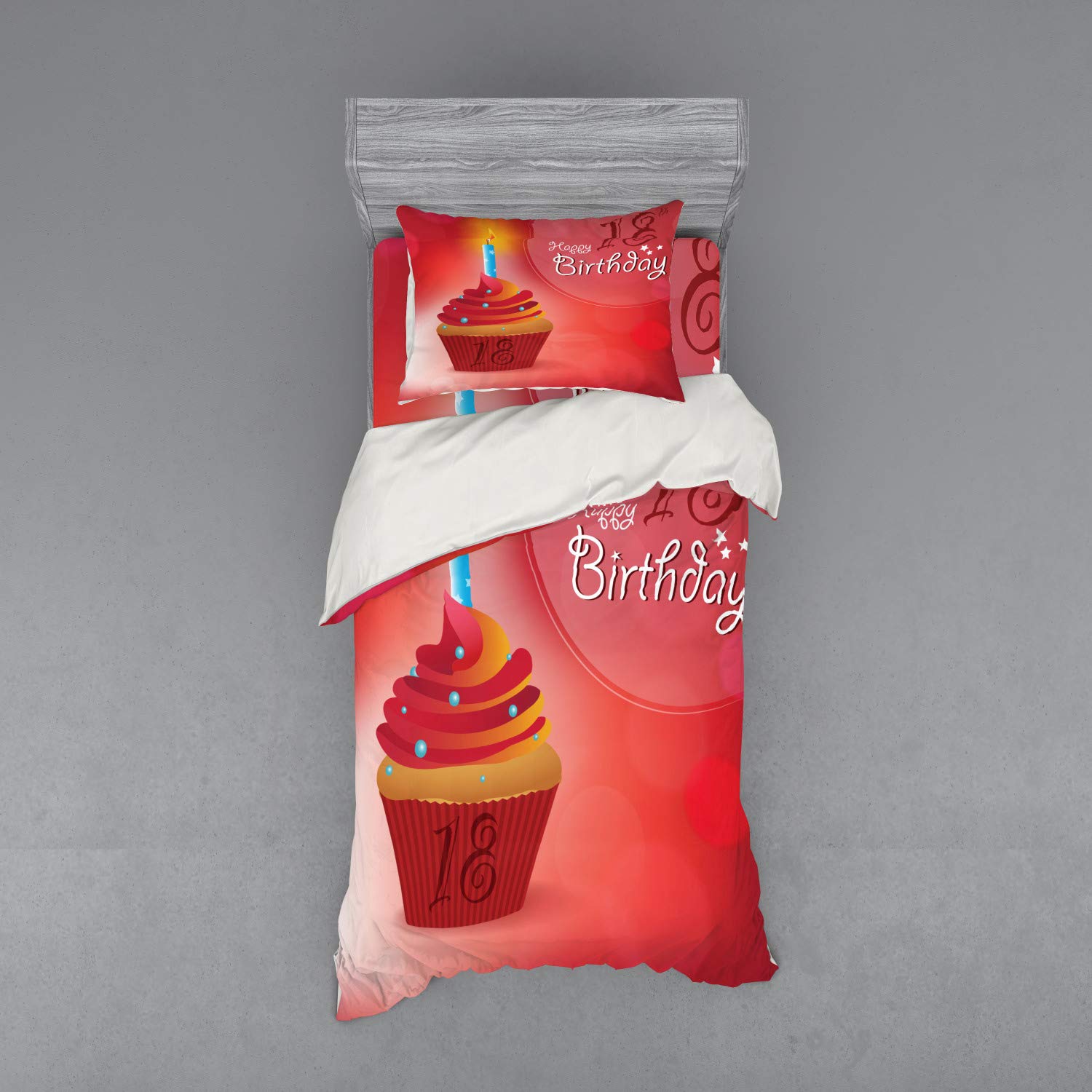 Ambesonne 18th Birthday Duvet Cover Set - 3 Piece Twin Size Bedding with Sham & Fitted Sheet, Hot Pink Red Orange Cupcake with Candles Print - Perfect for Teen Bedroom Decor & Birthday Party Decorations