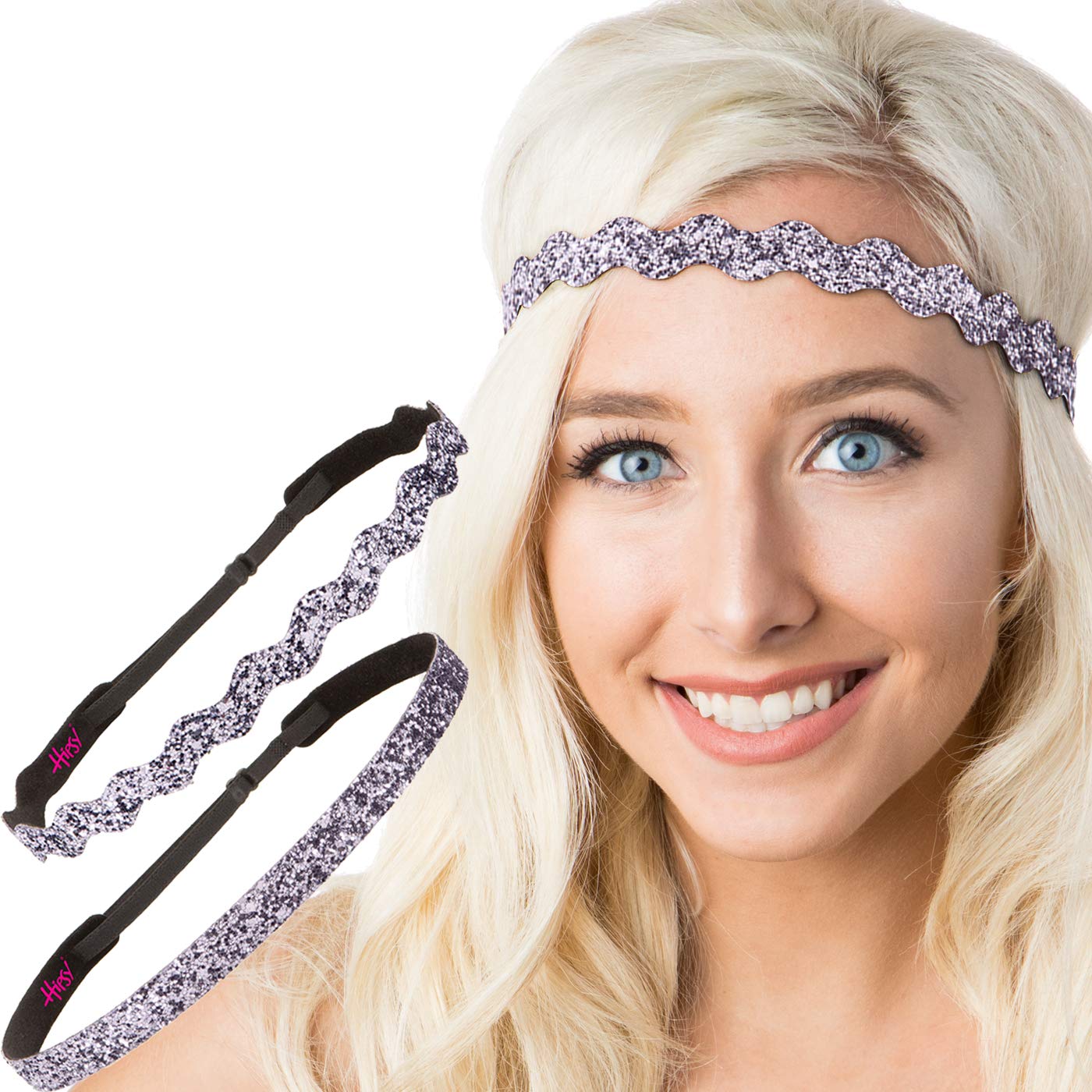 Sparkly Bling Adjustable No-Slip Headbands for Women, Girls & Teens - PETITE Size, Mixed 2pk (Gunmetal Glitter) - Perfect for School, Sports, Work & Everyday Fashion Accessories