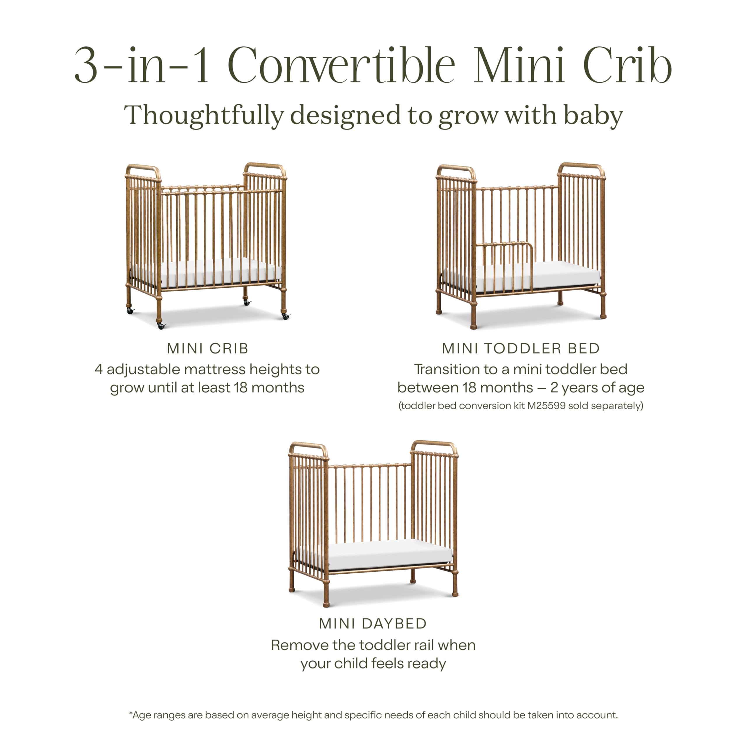 NAMESAKE Abigail 3-in-1 Convertible Mini Metal Crib in Vintage Gold - Greenguard Gold Certified Safe Nursery Furniture for Small Spaces | Perfect for Apartments, Nursery Rooms & Guest Bedrooms
