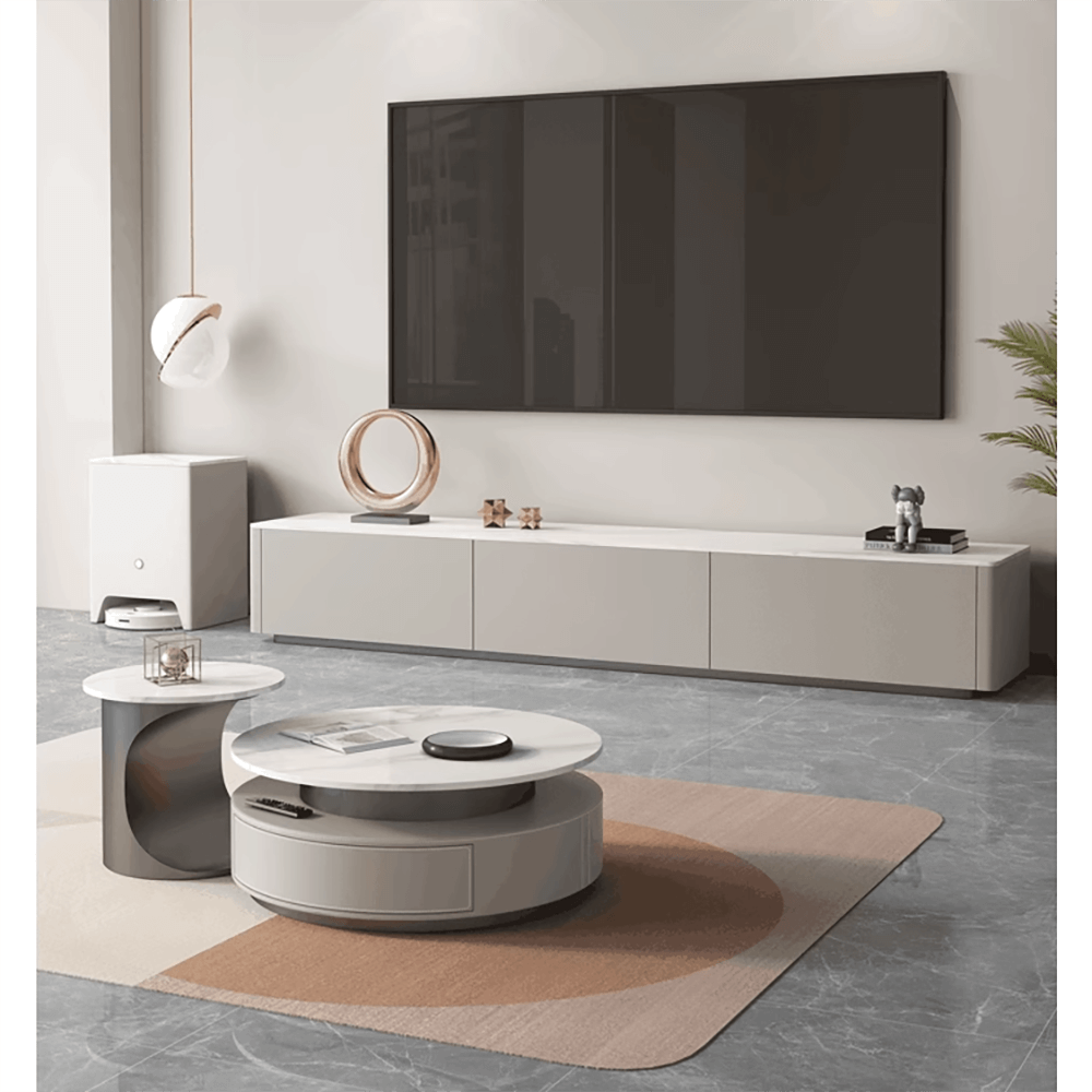 Modern High-Low Round Coffee Table Set with Slate Top & Storage Drawers - Luxury Living Room Furniture for Small Spaces & Contemporary Home Decor