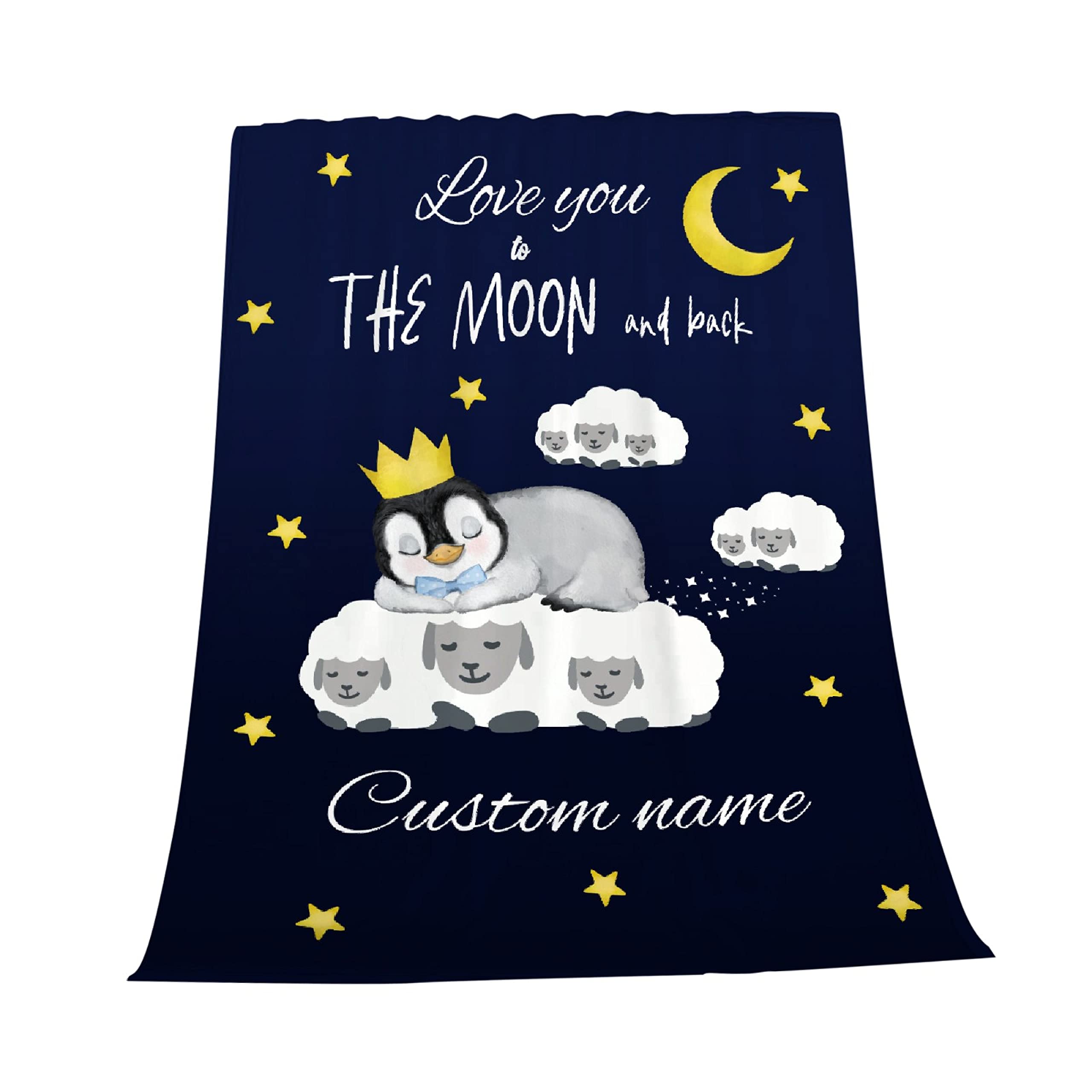 Custom Personalized Penguin & Sheep Cloud Throw Blanket - Baby Name Blanket Gift for Boys & Girls | Ultra Soft Flannel Blanket for Couch, Bed, Sofa | Perfect for Nursery, Family Snuggles & Cozy Home Decor