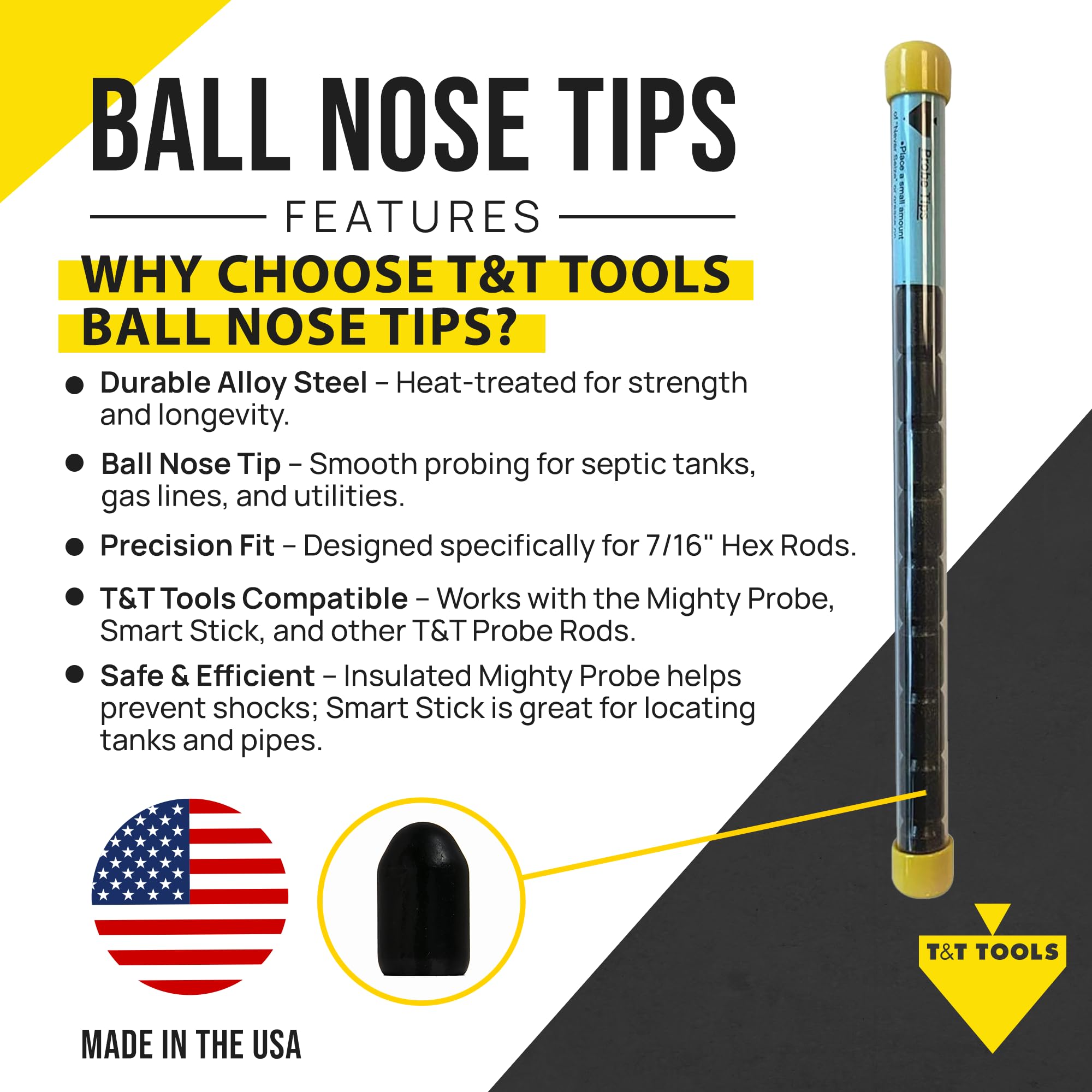 T&T Tools 7/16 Inch Ball Nose Tips - Replacement Tips for Smart Stick, Mighty Probe & Metal Rods (12-Pack) | Septic Tank, Plumbing & Landscaping Tools | Perfect for Ground Probing, Soil Testing & Drain Maintenance