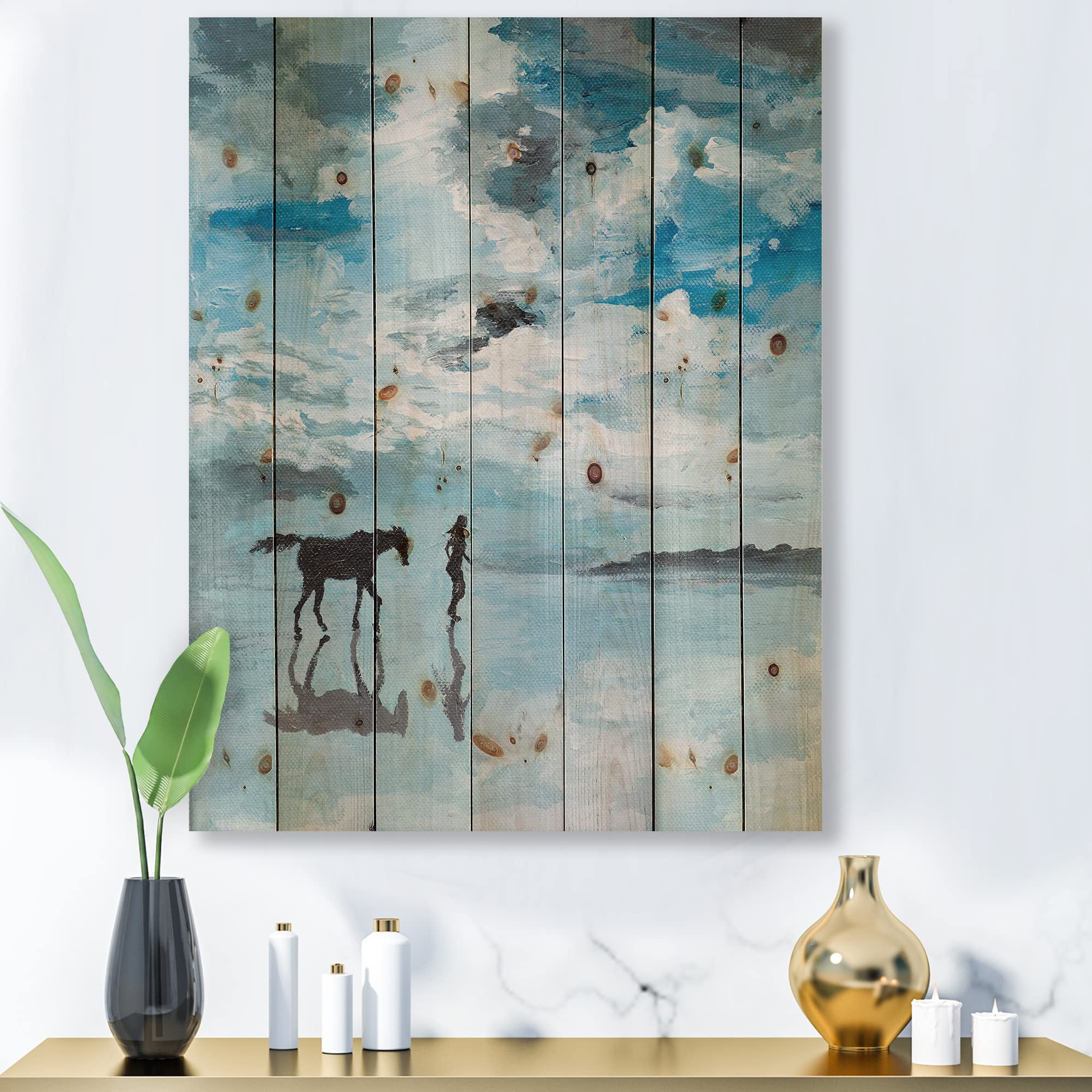 Farmhouse Wood Wall Decor - Peaceful Man & Horse Running by Water Scene, Blue Wood Wall Art, Large Animal Wood Panels Printed on Natural Pine | Perfect for Living Room, Bedroom, or Office Decor