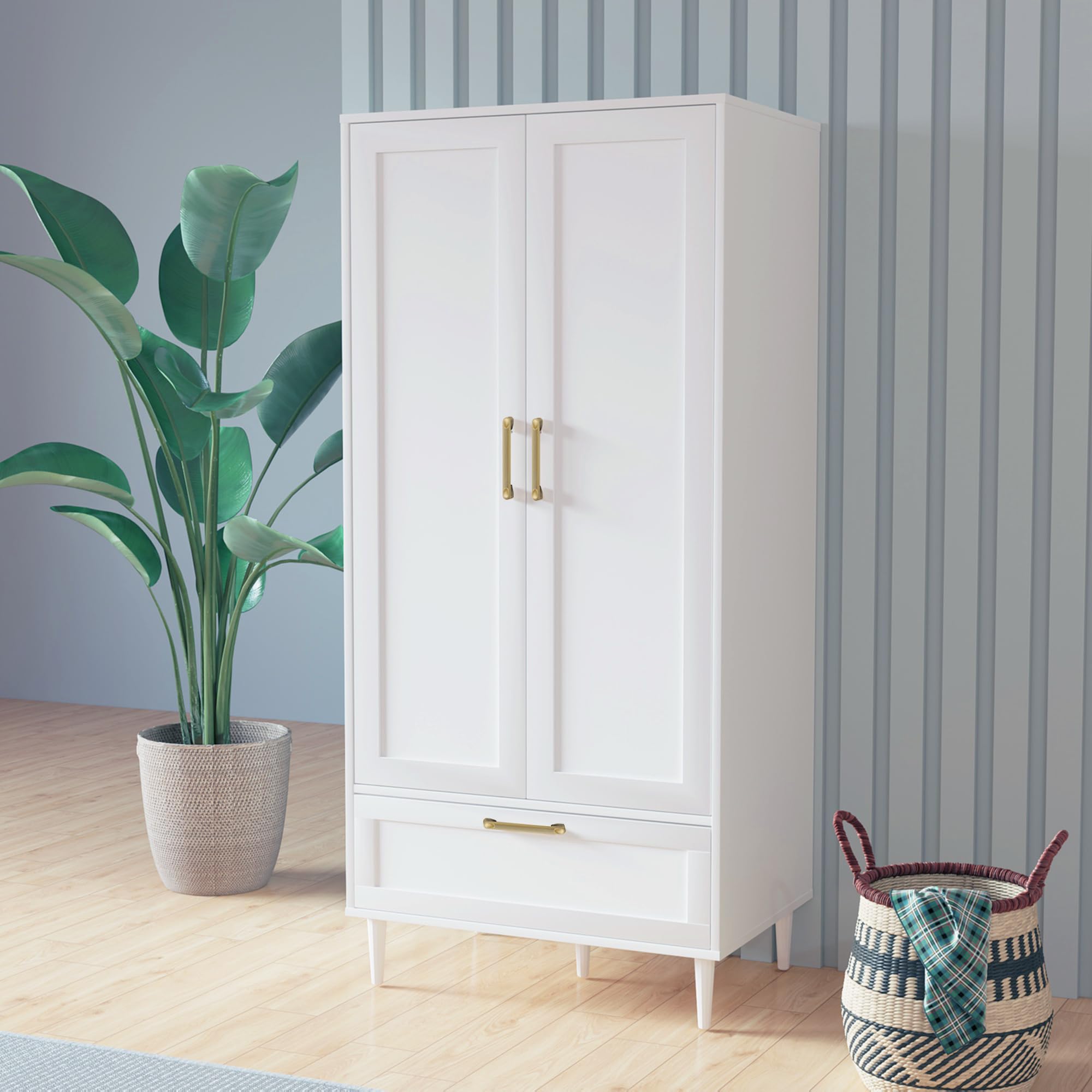 60 Inch White Modern Armoire Wardrobe Closet with Hanging Rod & Drawers - 2 Door Storage Cabinet for Bedroom Clothes Organization | Perfect for Small Spaces & Master Bedrooms