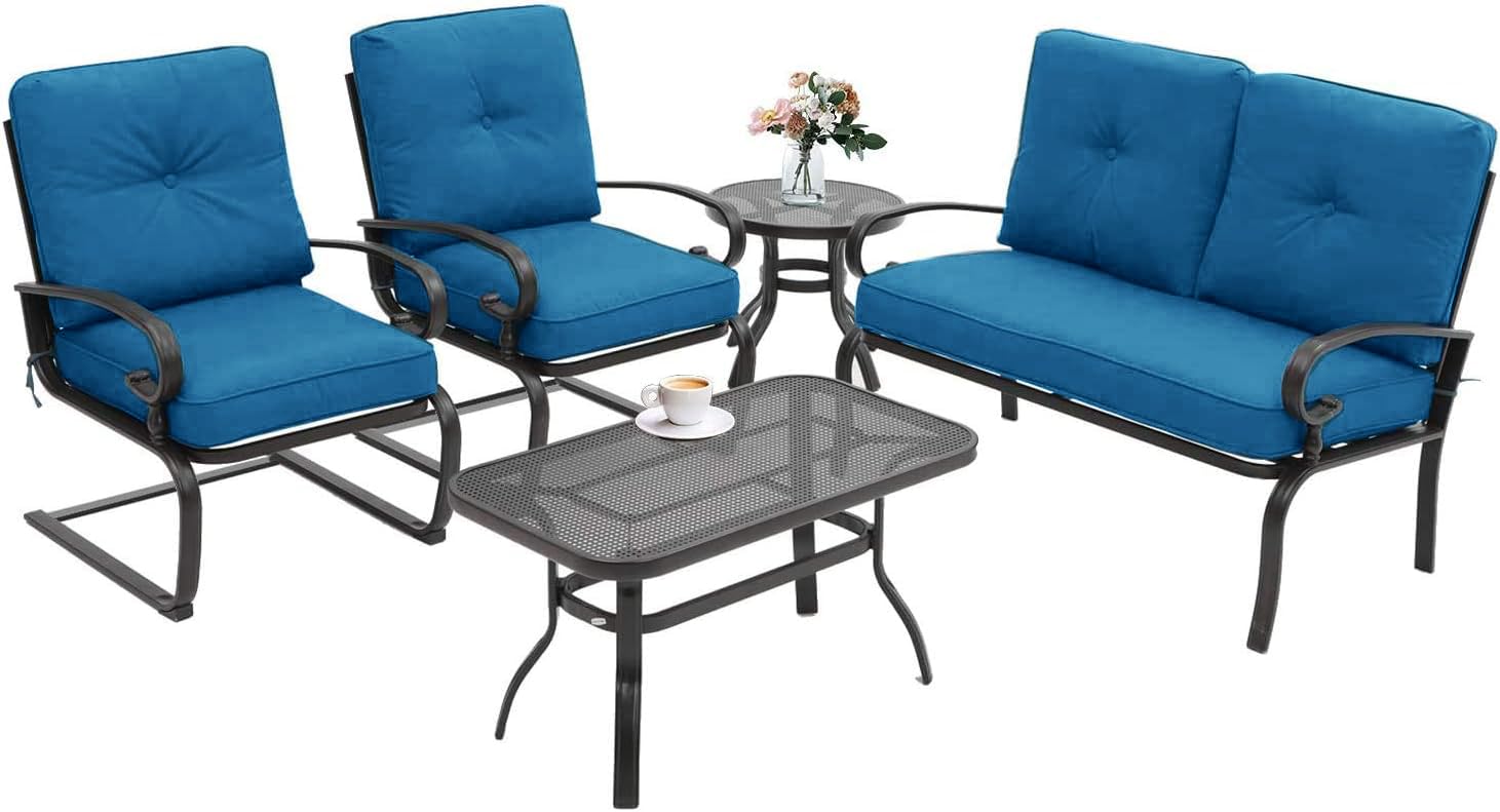 5-Piece Outdoor Patio Furniture Conversation Set - Wrought Iron Bistro Set with Loveseat, 2 Spring Chairs & 2 Tables (Peacock Blue Cushion) - Perfect for Garden, Backyard, Balcony or Poolside Relaxation