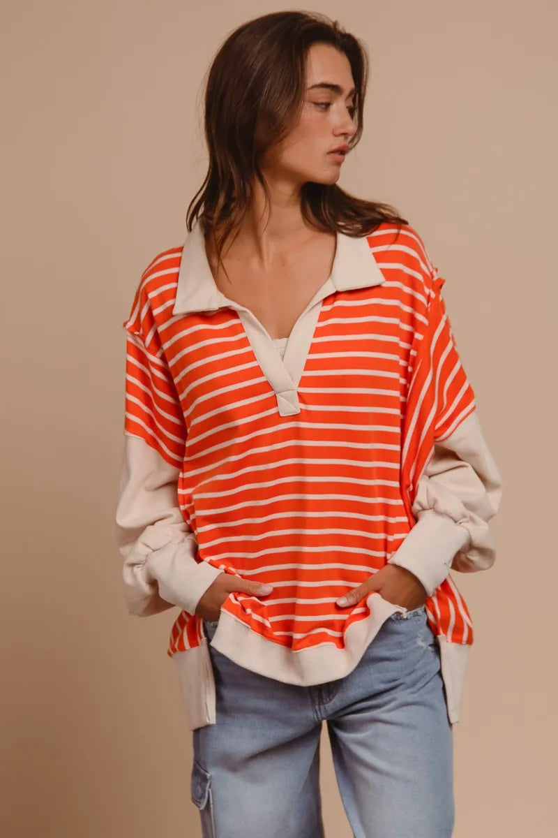 BiBi Stripe Knit Loose Fit T-Shirt with Cut Edge Detail - Casual Women's Top for Everyday Wear, Outings & Layering