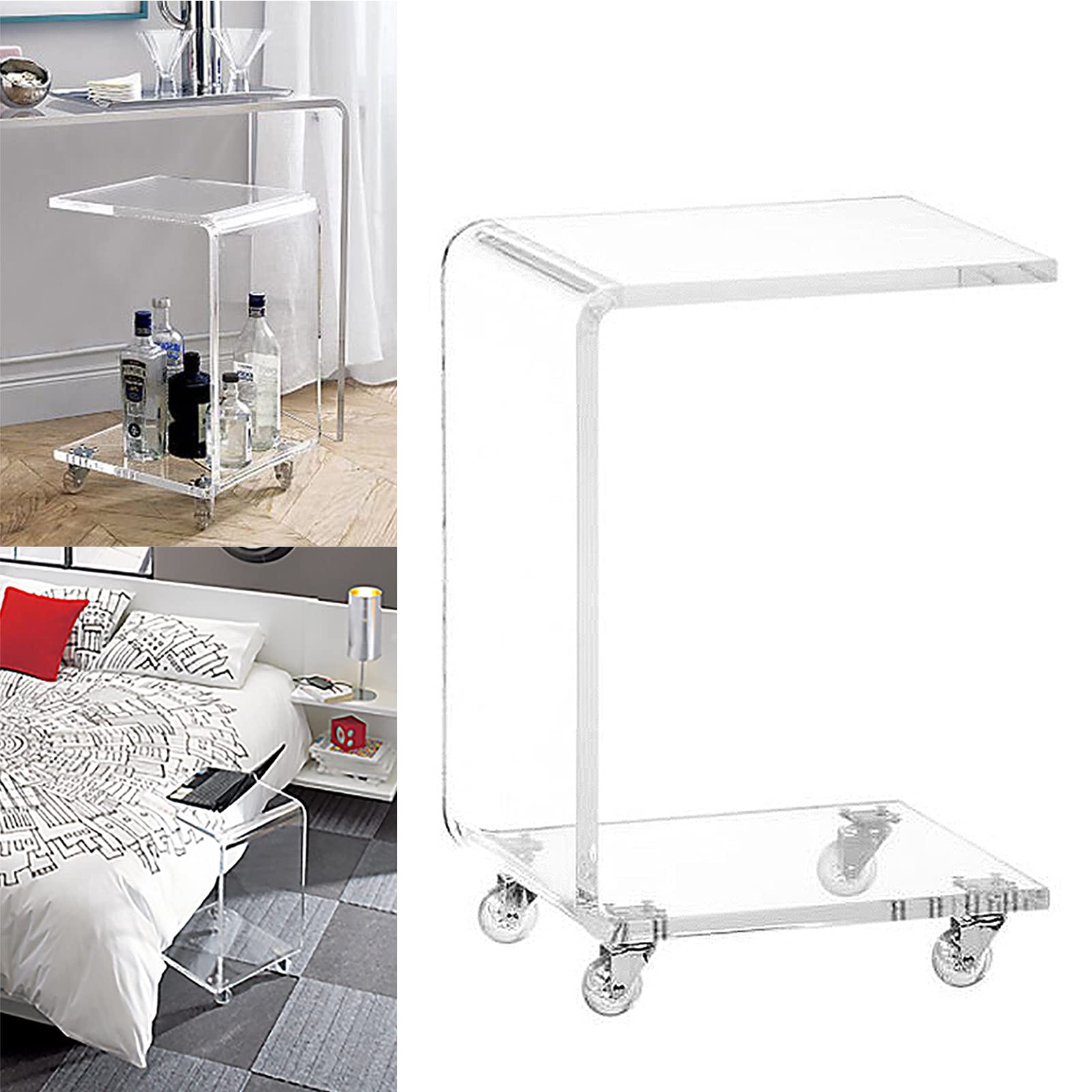 Clear Acrylic C-Shaped Rolling Side Table with Wheels - Portable End Table for Snacks, Coffee, Notebook & Tablet - Perfect for Bed, Sofa & Living Room Use