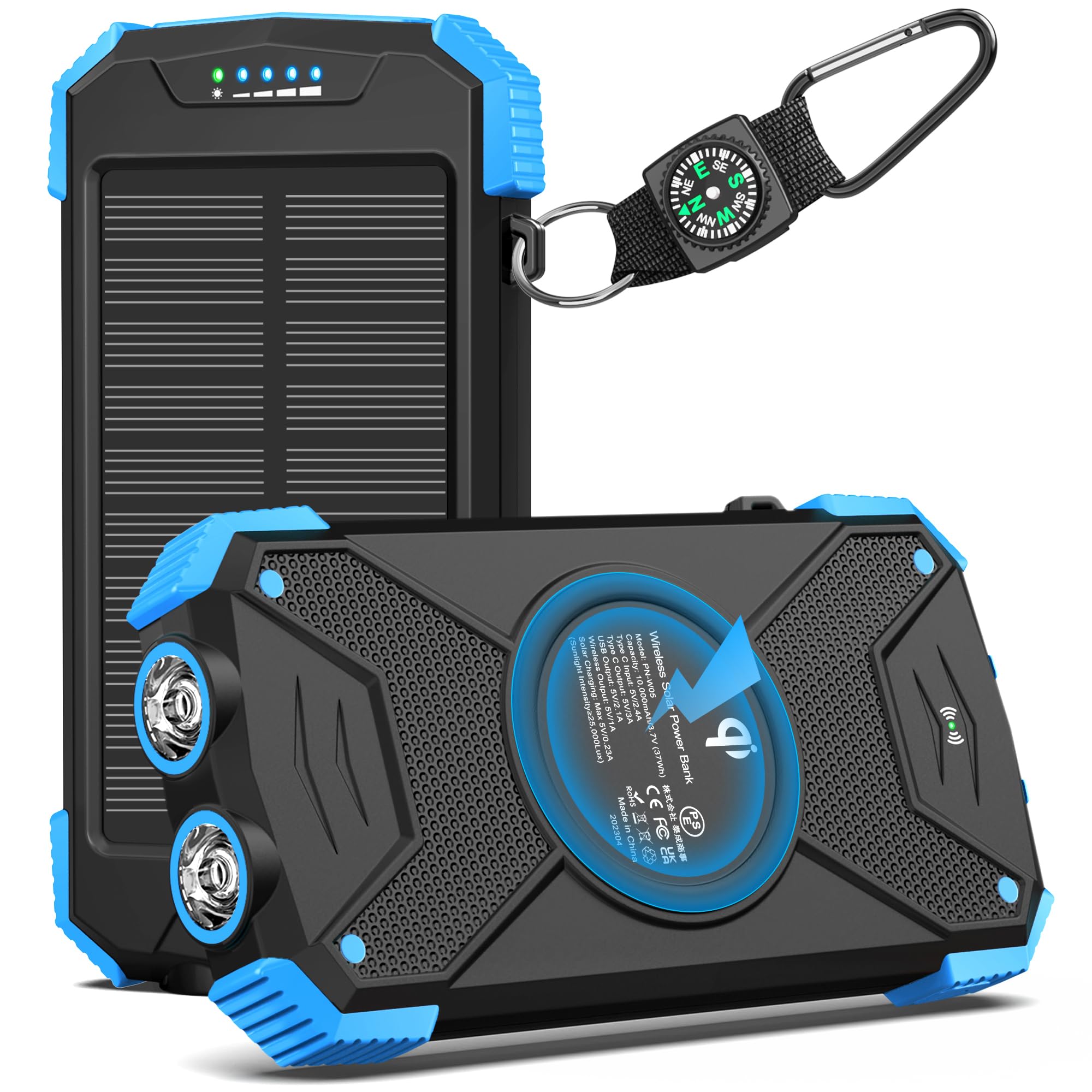 BLAVER 10000mAh Solar Power Bank with 20W Fast Charging & Wireless Charger | Portable USB-C External Battery Pack for iPhone, Samsung, Android Phones | Solar Panel Charger with Dual Flashlight for Camping, Hiking, Emergency Power Outages