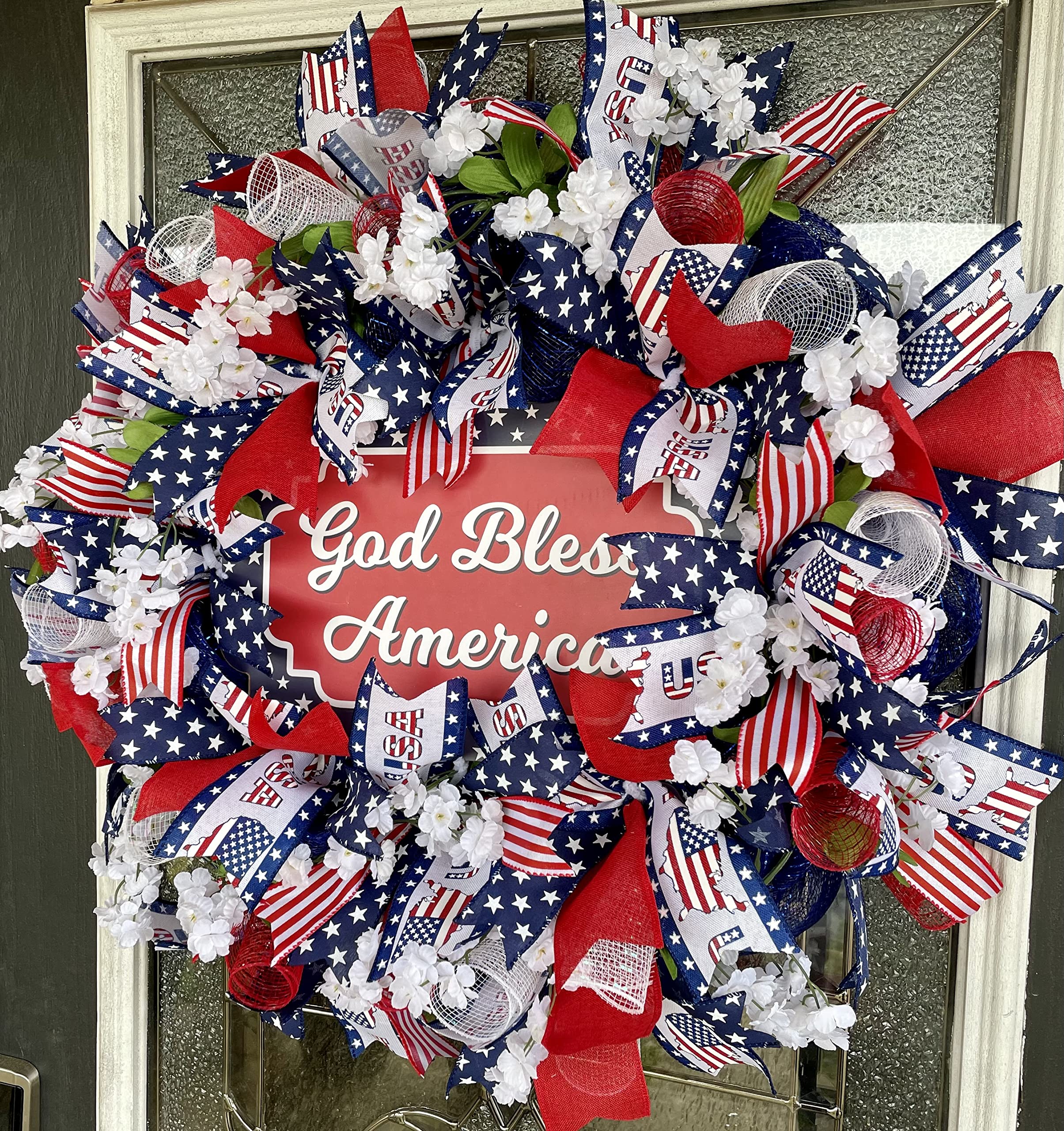 God Bless America Patriotic Floral Deco Mesh Wreath - Red White Blue USA Front Door Decor for 4th of July, Memorial Day, Labor Day - Indoor Outdoor Porch Patio Military Holiday Decoration - Perfect for Front Entryway, Housewarming & Seasonal Celebrations