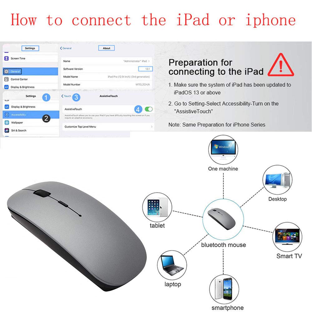 Rechargeable Bluetooth 5.2 Wireless Mouse for MacBook Pro/Air, PC, Laptop, iPad Pro - 2.4G USB Receiver & 3.0 Compatible (Gray) | Perfect for Office Work, Home Use & Travel Computing