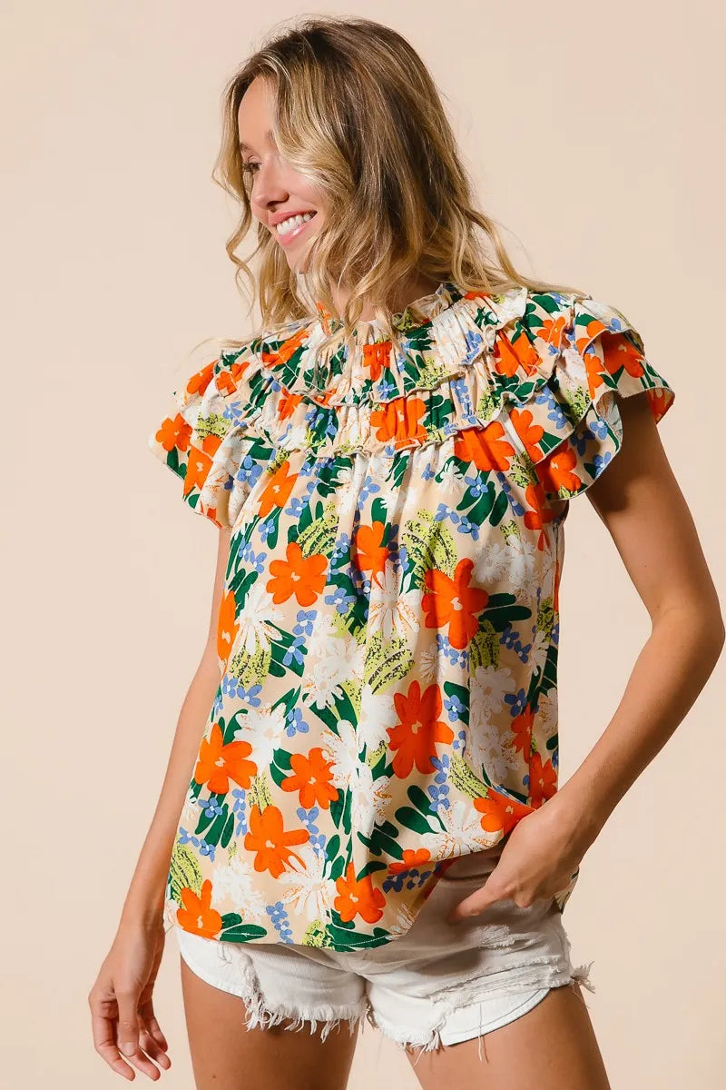 BiBi Women's Floral Print Woven Blouse - Casual Short Sleeve Summer Tops for Beach, Vacation & Everyday Wear