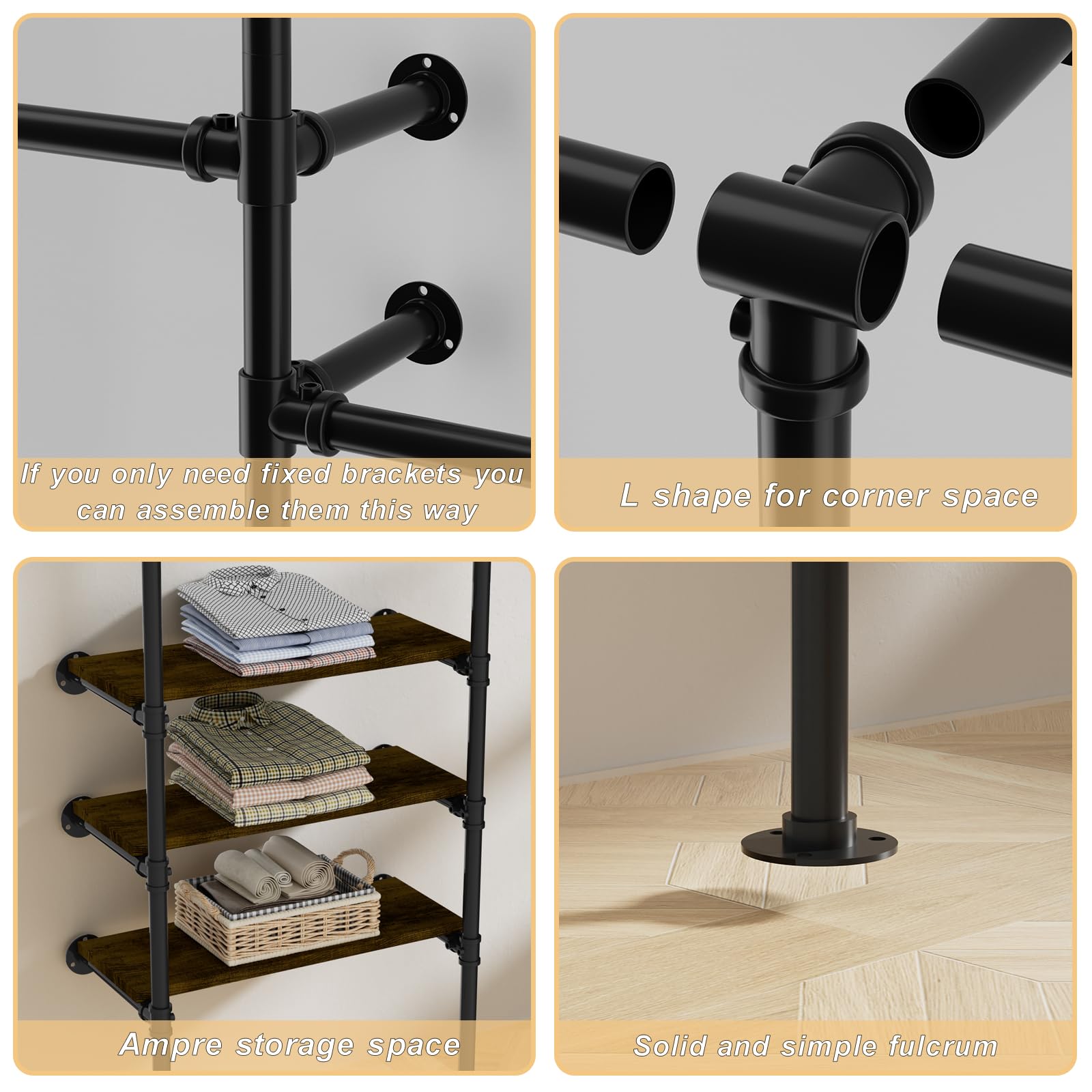Heavy Duty Industrial Pipe Clothing Rack - Wall Mounted Garment Rack with Shelves for Closet & Wardrobe Organization | Walk-in Closet System for Home, Laundry Room & Commercial Use