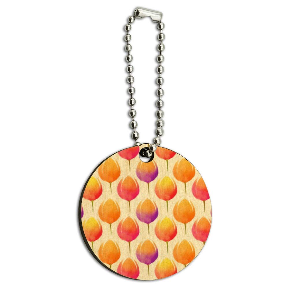Watercolor Tulip Pattern Wooden Round Keychain - Handmade Wood Key Ring for Women & Men - Perfect for Gifts, Home Decor, and Everyday Carry