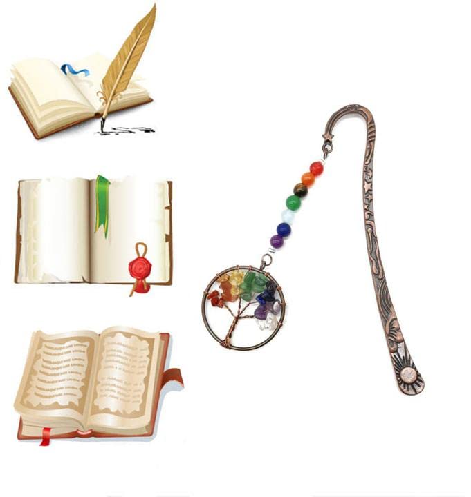 7 Chakra Crystal Bookmarks - Vintage Metal Tree of Life & Star of David Pendant - Spiritual Bookmark for Women, Students & Teachers - Perfect for Meditation, Yoga & Gift Giving