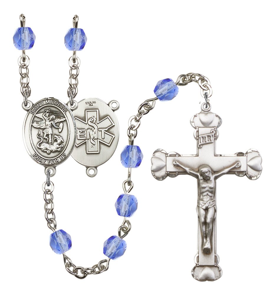 Silver Plate Rosary with 6mm Sapphire Fire Polished Beads - 1 5/8 x 1 Crucifix & St. Michael/EMT Medal Centerpiece | Catholic Prayer Beads for Devotion, Protection & Spiritual Gifts