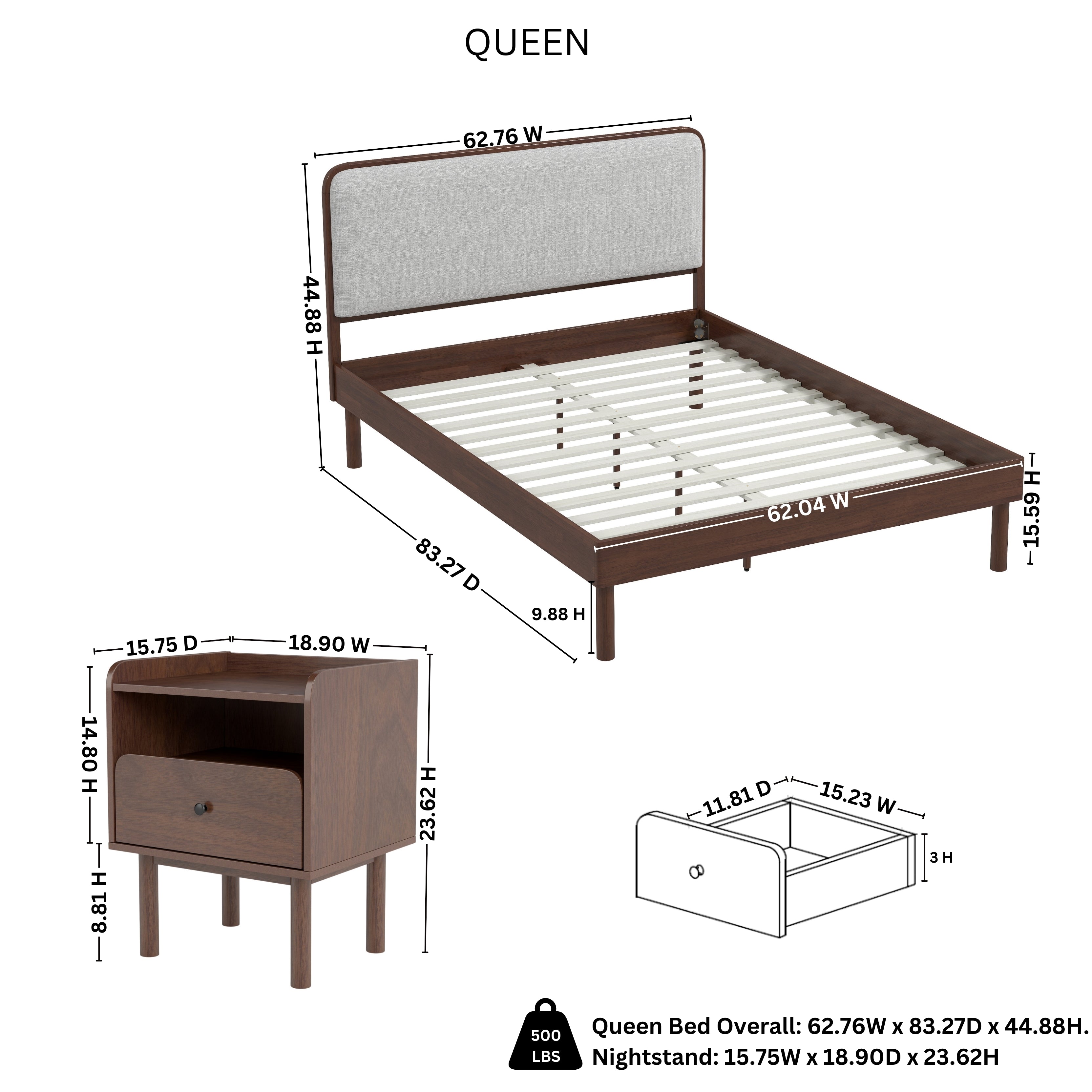 Roundhill Furniture Wyller 3-Piece Queen Bedroom Set - Platform Bed with 2 Nightstands in Natural Walnut Finish | Modern Bedroom Furniture for Small Spaces & Guest Rooms
