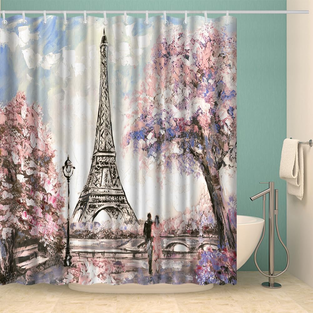 Paris Shower Curtain - Sakura Blossom Landscape Pink Romantic Waterproof Fabric Bathroom Decor with 12 Hooks (72x72 Inches) for Elegant Bathroom & Spa Style Upgrade