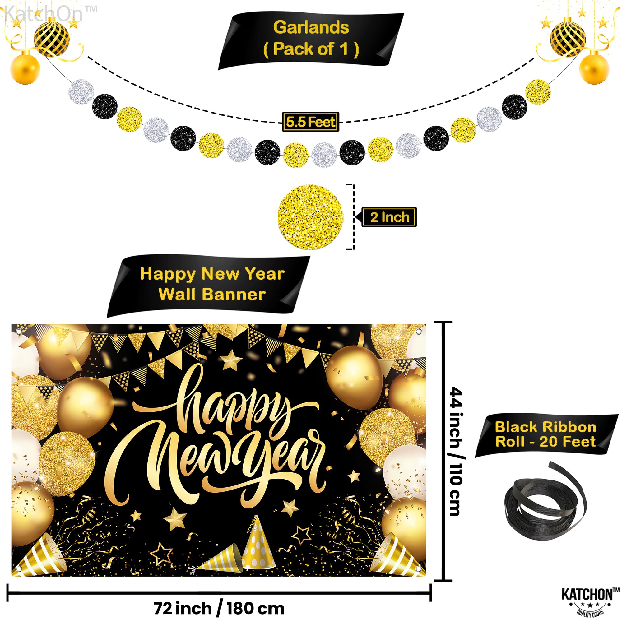 KatchOn 2025 New Year's Eve Party Decorations Set - 42-Piece Black & Gold NYE Party Supplies Kit with Banner, Balloon Numbers & Foil Balloons | Perfect for New Year Countdown, Home Decor & Holiday Celebrations