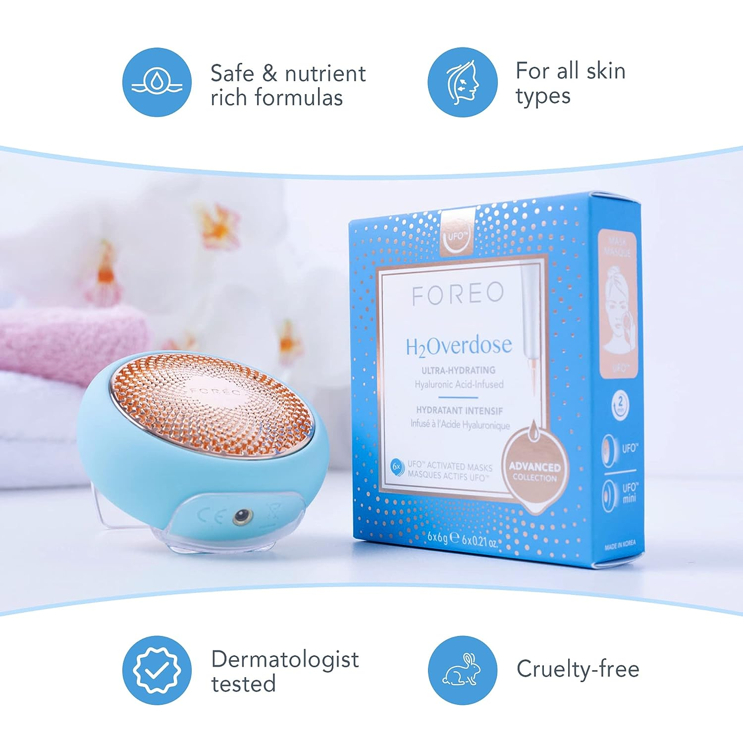FOREO UFO Smart Facial Mask Device - H2Overdose Hydrating Treatment for Glowing Skin | At-Home Spa Facial for Dry & Dull Skin | Perfect for Self-Care & Skincare Routine