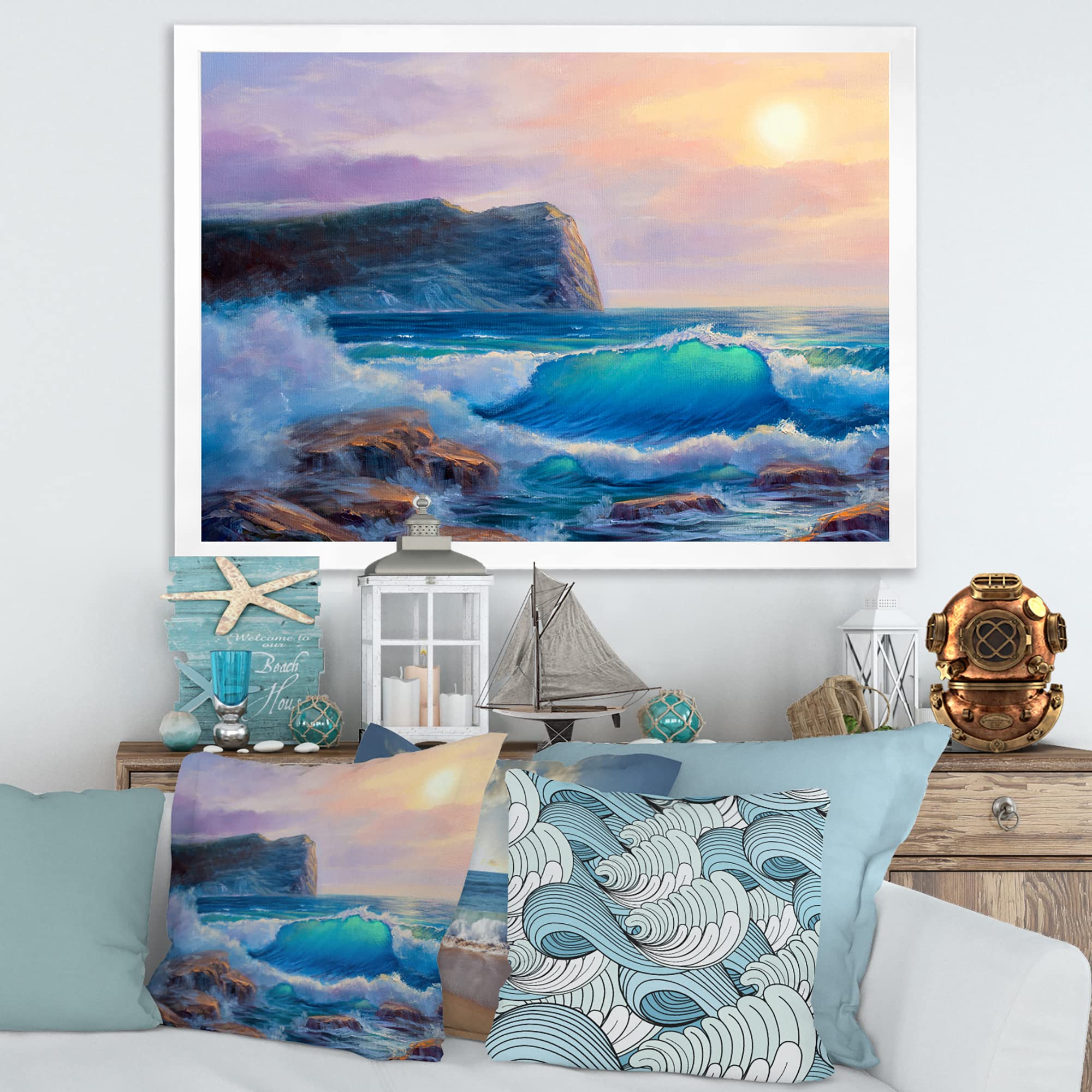 DesignQ Blue Waves Breaking At The Beach III - Coastal Framed Wall Art Decor for Living Room, Bedroom & Office | Nautical Ocean Theme Home Decoration