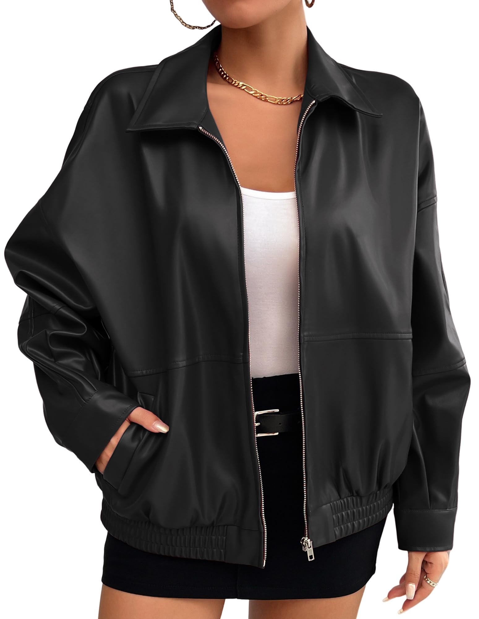 Kate Kasin Women's Faux Leather Jacket - Oversized Vegan Leather Coat for Fall Winter Fashion 2024 | Trendy Biker Style Jacket for Casual Outfits, Night Out & Streetwear Looks