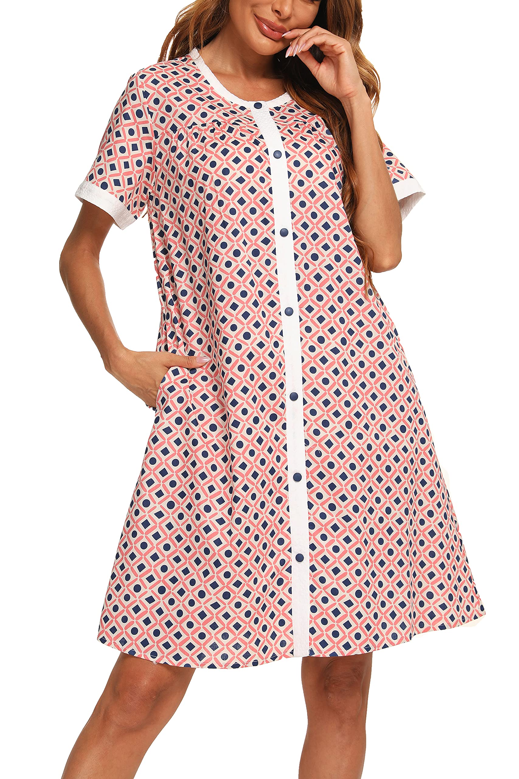 YOZLY Women's Short Sleeve House Dress - Casual Loungewear Robe with Pockets | Perfect for Home, Morning Coffee & Relaxing Evenings
