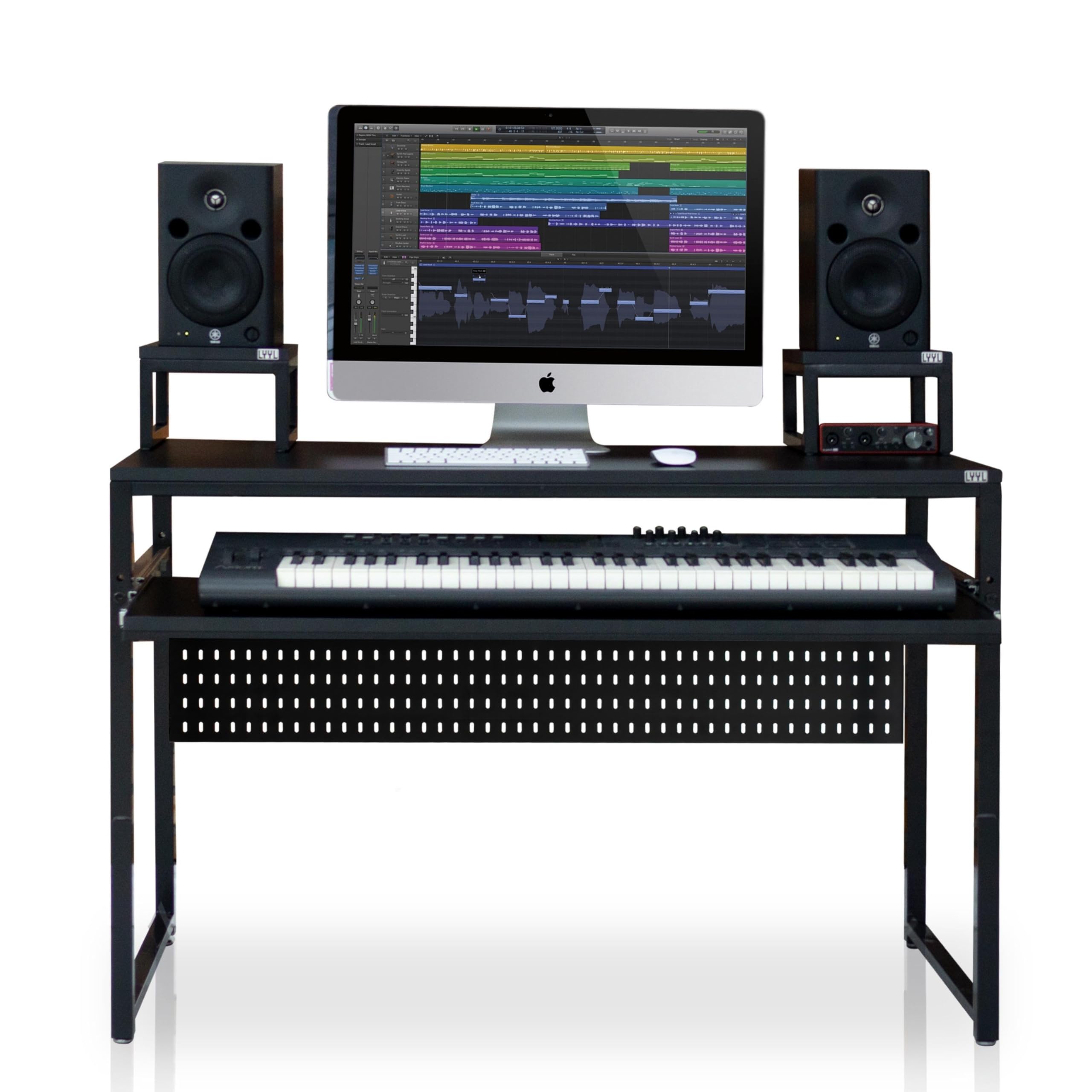Professional Music Studio Desk with Keyboard Tray - Fits 88 & 61 Key Digital Pianos (Black) - Perfect for Home Recording Studios & Music Production Workspaces (Cable Tray & Speaker Stands Available Separately)
