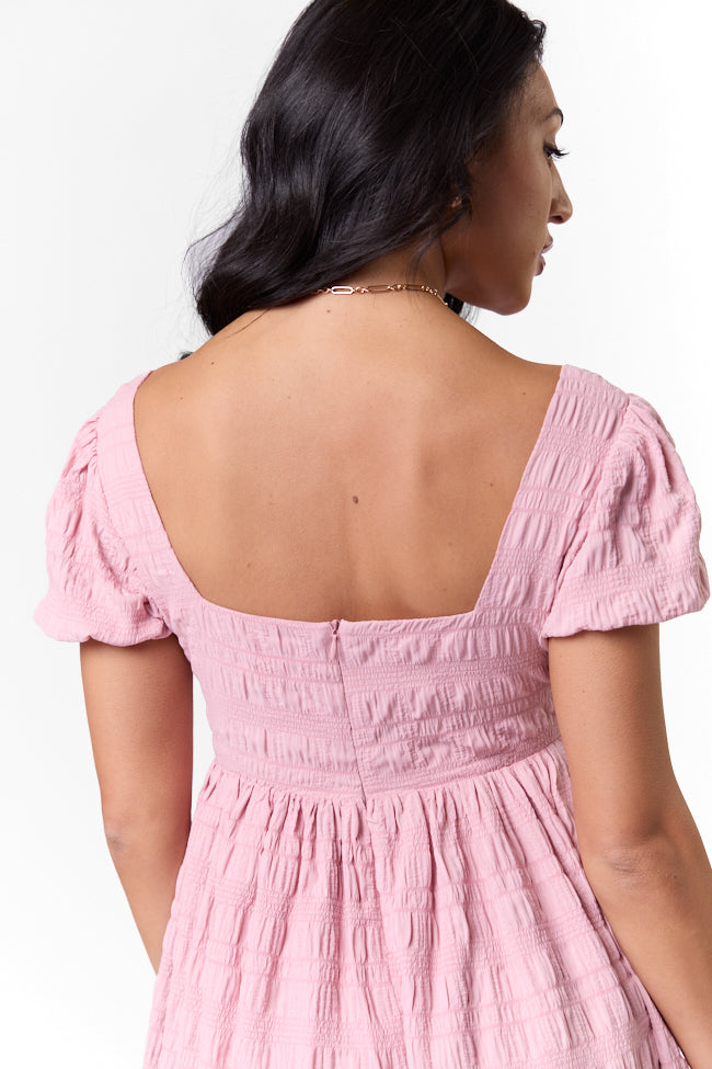 Breezing By Pink Textured Square Neck Mini Dress - Flirty Summer Party Outfit for Women | Perfect for Dates, Cocktails & Beach Vacations