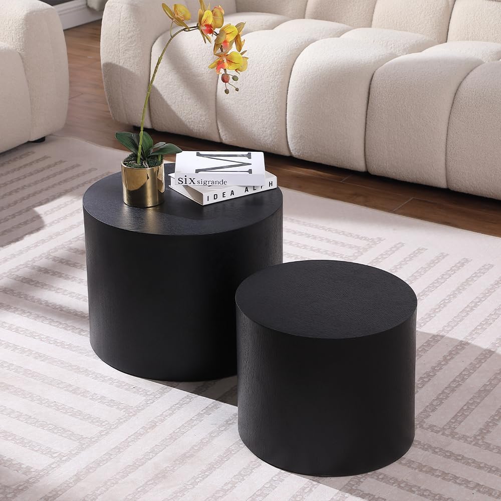 Black Drum Coffee Table Set of 2 - Round Wood Nesting Coffee Tables with Ottoman, Side & End Tables for Living Room & Bedroom - No Assembly Required - Perfect for Small Spaces & Modern Home Decor