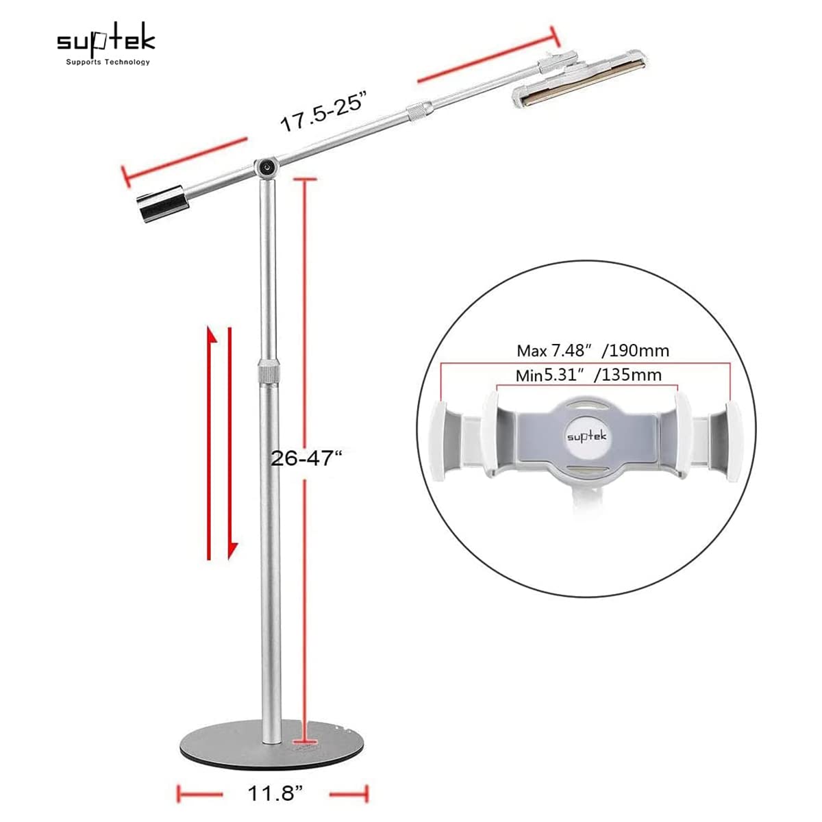 Suptek 360° Adjustable Aluminum Tablet Floor Stand - Flexible Height Phone Holder Mount for iPad, iPhone, Samsung, Asus & 4.7-11 inch Devices - Perfect for Bed, Kitchen, Office & Home Theater Use