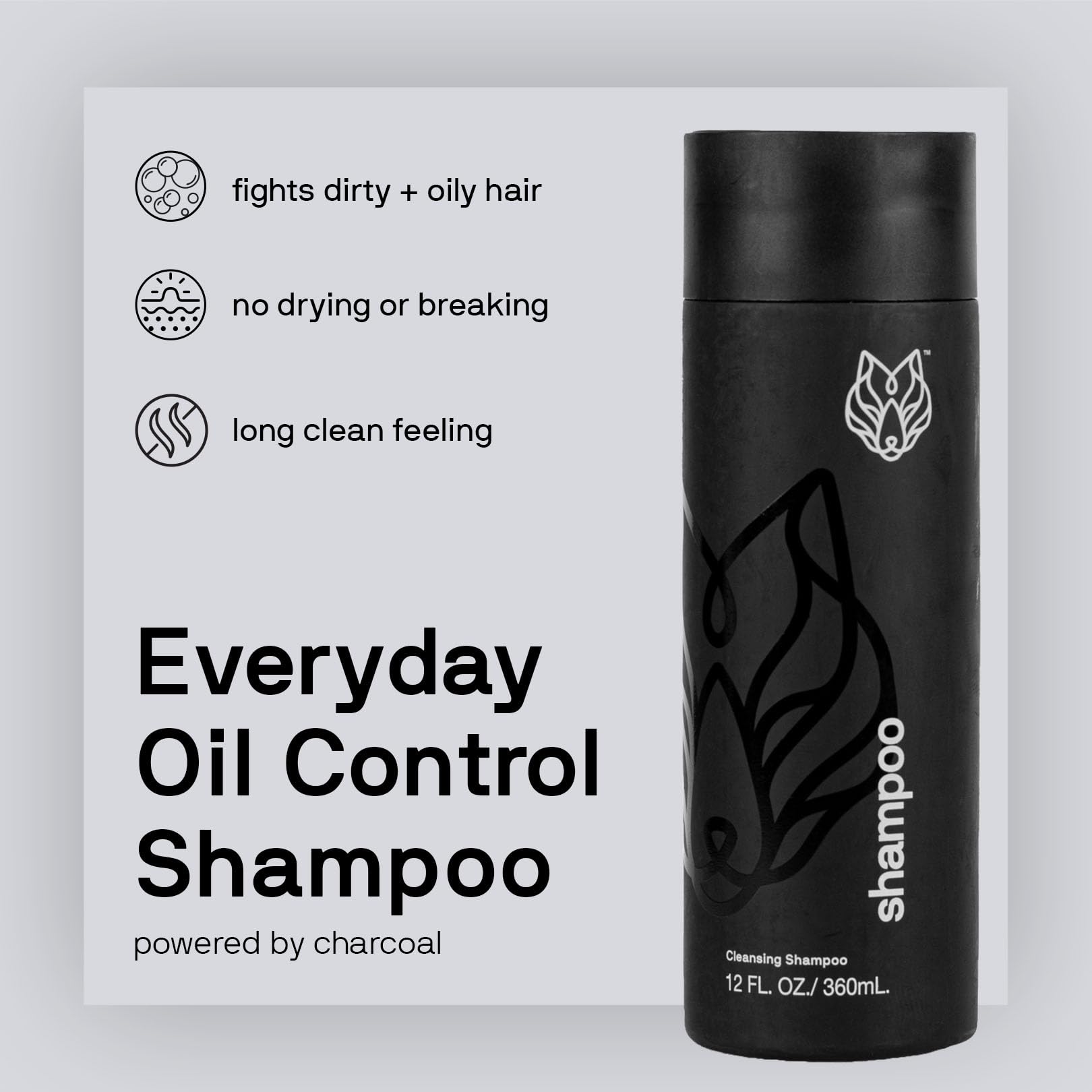 Black Wolf Men's Shampoo for Oily Hair - 12 Fl Oz Charcoal-Infused Oil Control Shampoo with Moisturizing & Deep Cleansing Formula | Hydrates & Nourishes Scalp | Daily Hair Care for Men | Perfect for Gym, Work & Active Lifestyles