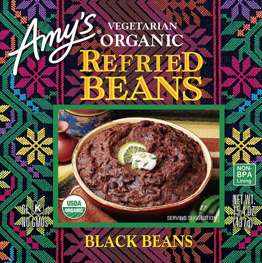 Organic Amy's Refried Black Beans - Gluten Free, Vegetarian, Non-GMO, 15.4 oz Canned Beans (Pack of 12) - Perfect for Tacos, Burritos & Healthy Mexican Meals