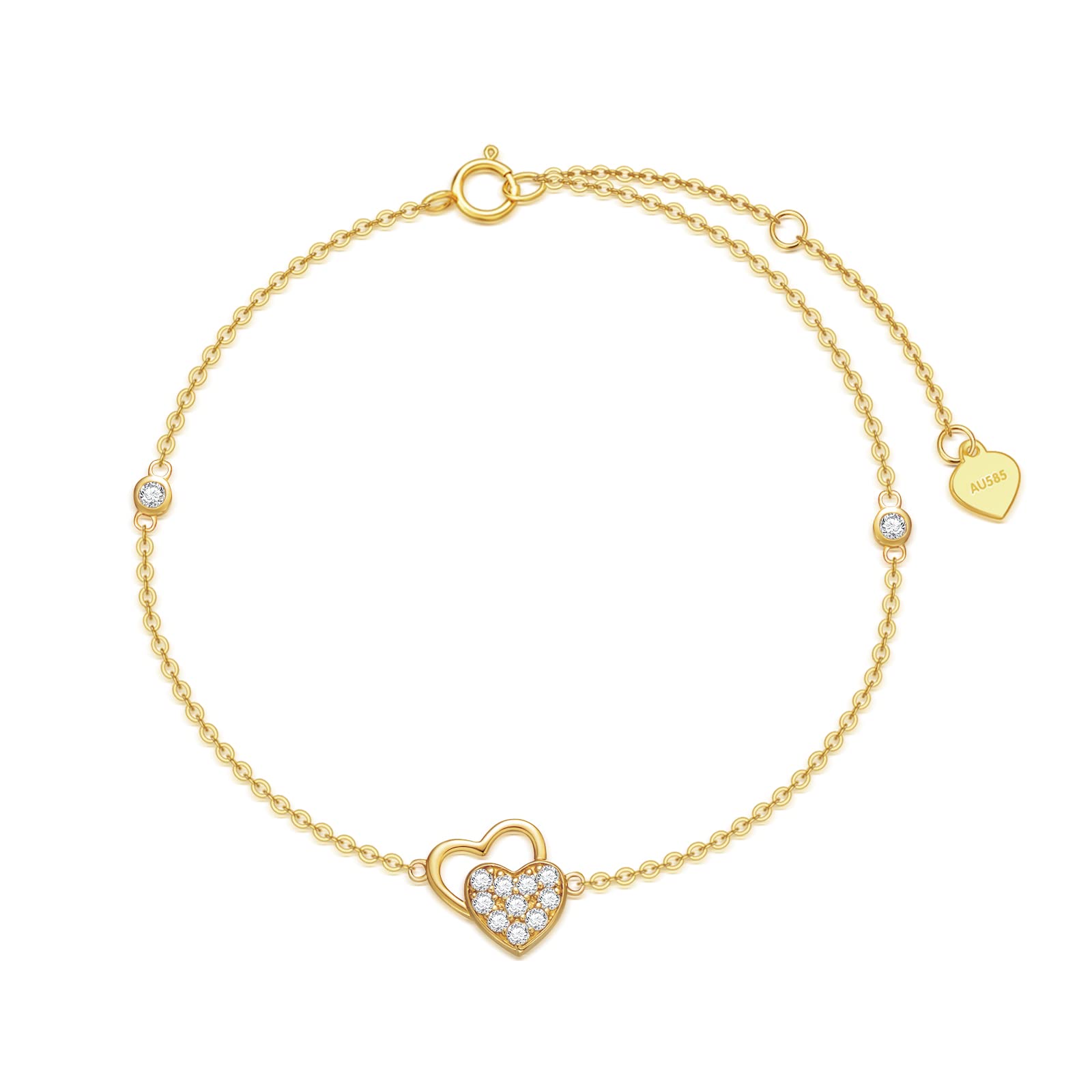 14K Real Gold Heart Beaded Bracelet for Women - Yellow Gold Love Jewelry Gift for Birthday, Christmas, Anniversary - Adjustable 6.5+2 Inch - Perfect for Date Night, Wedding, Valentine's Day