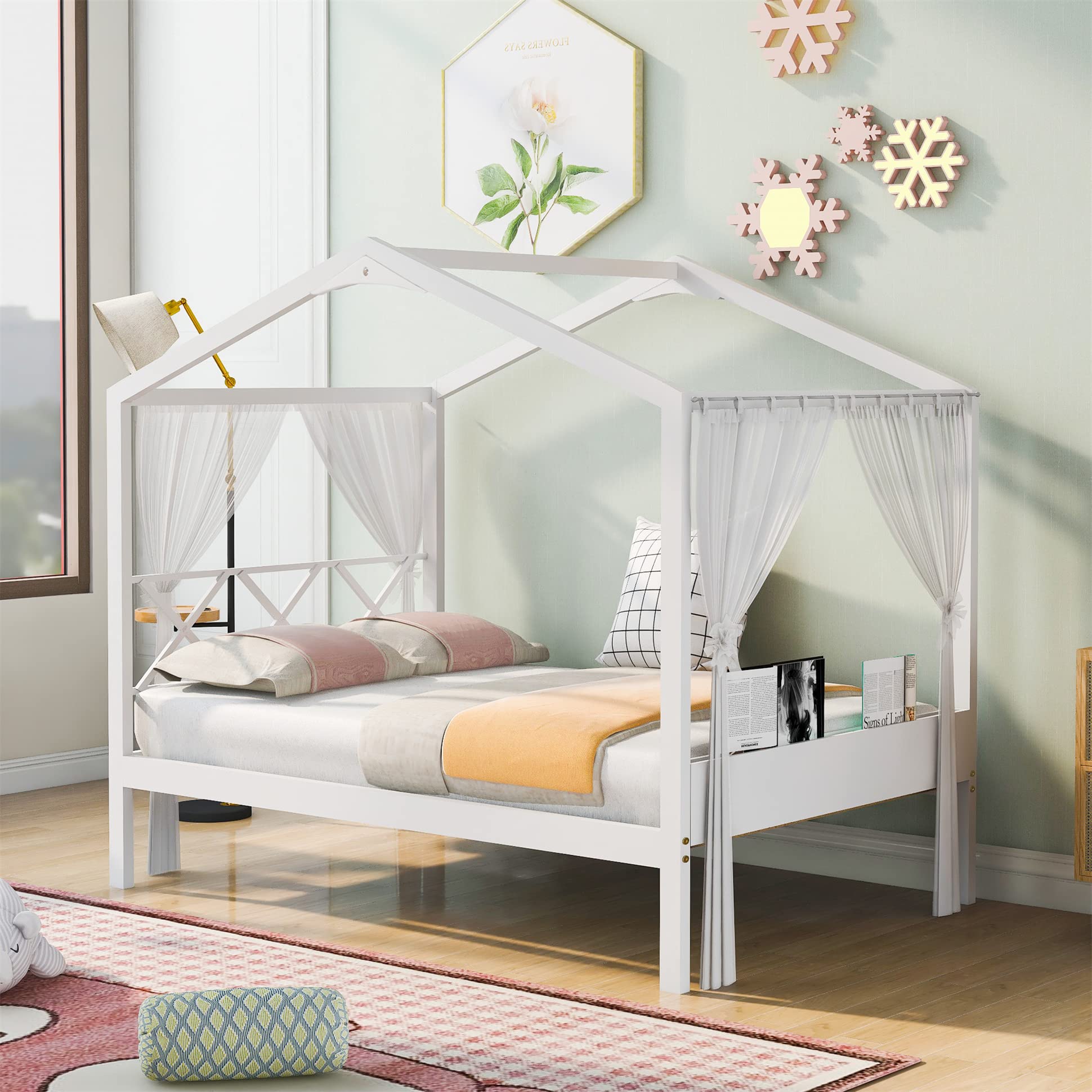 **Wooden Full House Bed for Kids with Storage Shelf & Roof - No Box Spring Required - Perfect for Girls & Boys Bedrooms (Full Size, White) - Ideal for Playrooms, Kids' Bedrooms & Cozy Sleep Spaces**