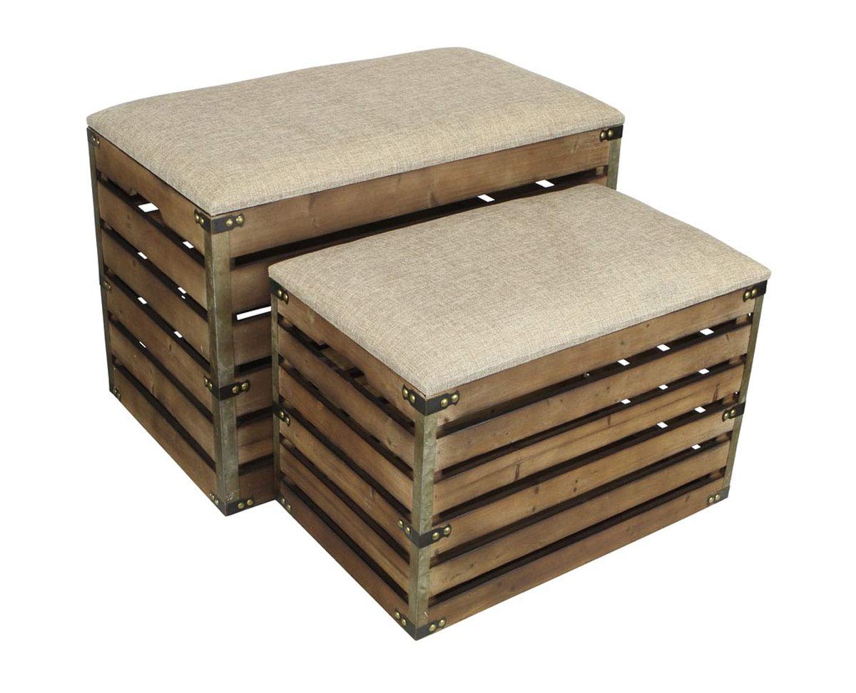 Cheung's 2-Piece Brown Rectangular Wood Slat Storage Bench with Metal Accents & Cushioned Lid - Perfect for Entryway, Bedroom, or Living Room Organization