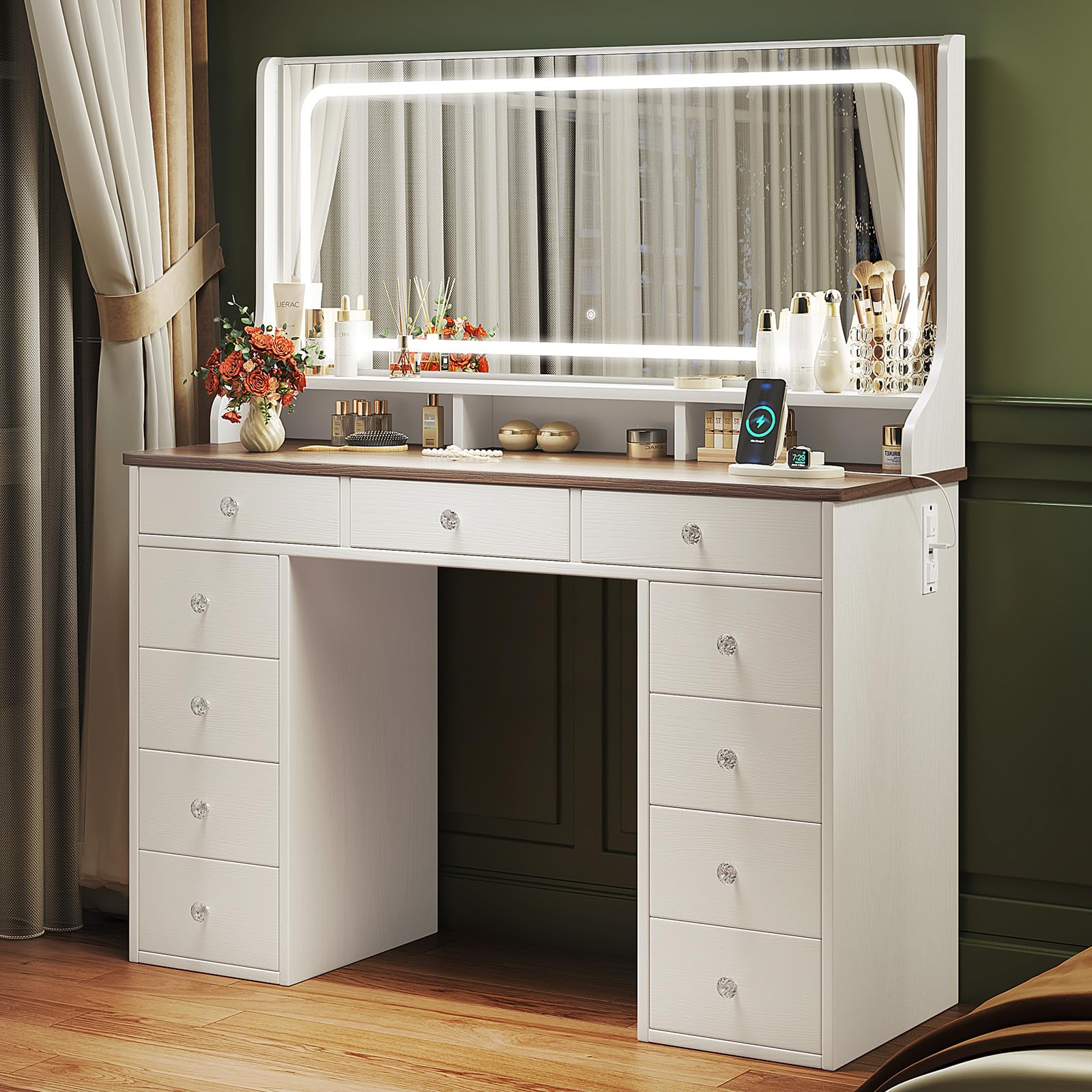 White Makeup Vanity Desk with LED Lights & Mirror - 11-Drawer Dressing Table with Power Outlet for Bedroom, Brown Beige | Perfect for Beauty Routine, Makeup Application & Home Decor