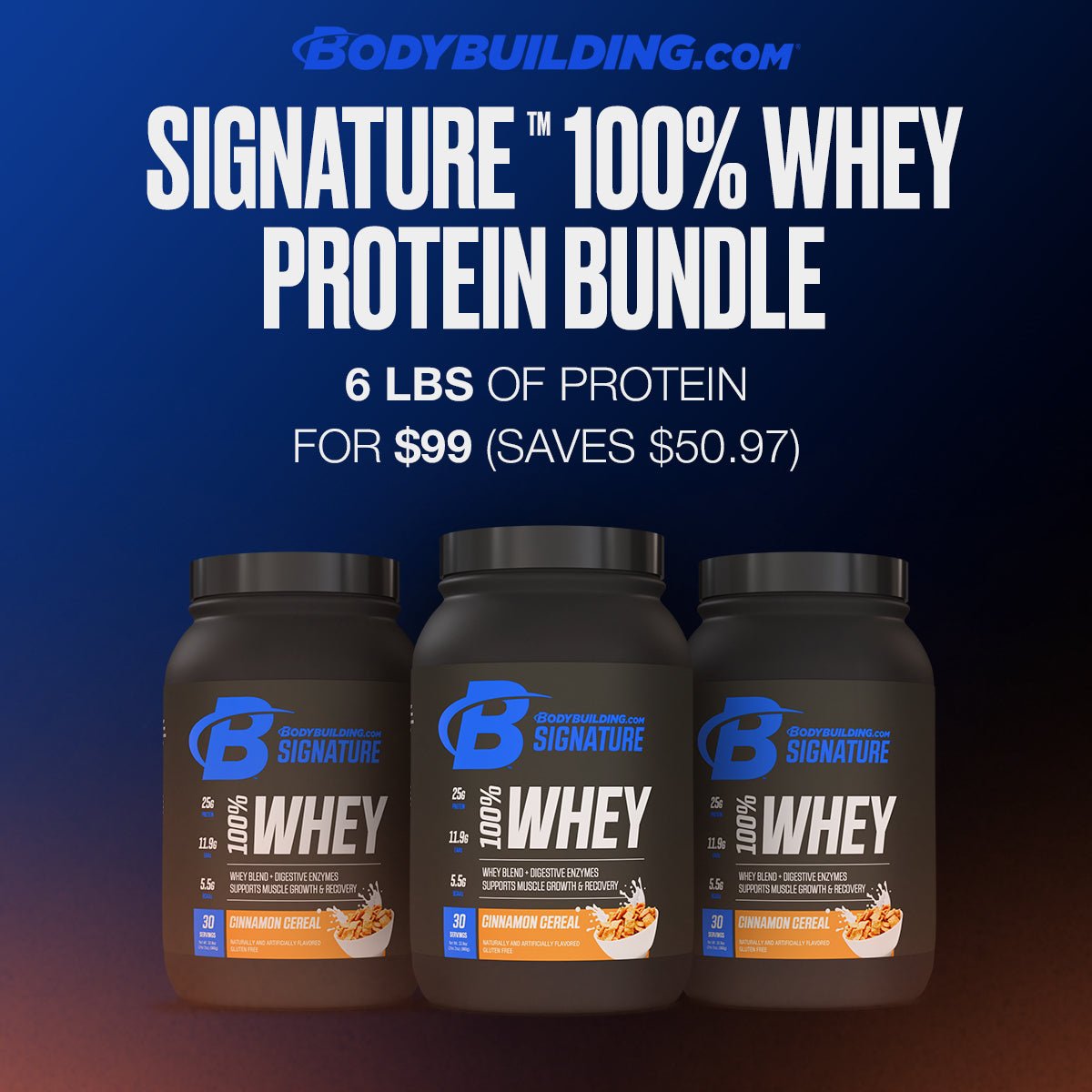 3 Pack Bodybuilding.com Signature 100% Whey Protein Powder - 90 Total Servings for Muscle Growth & Recovery | Post-Workout, Breakfast & Meal Replacement