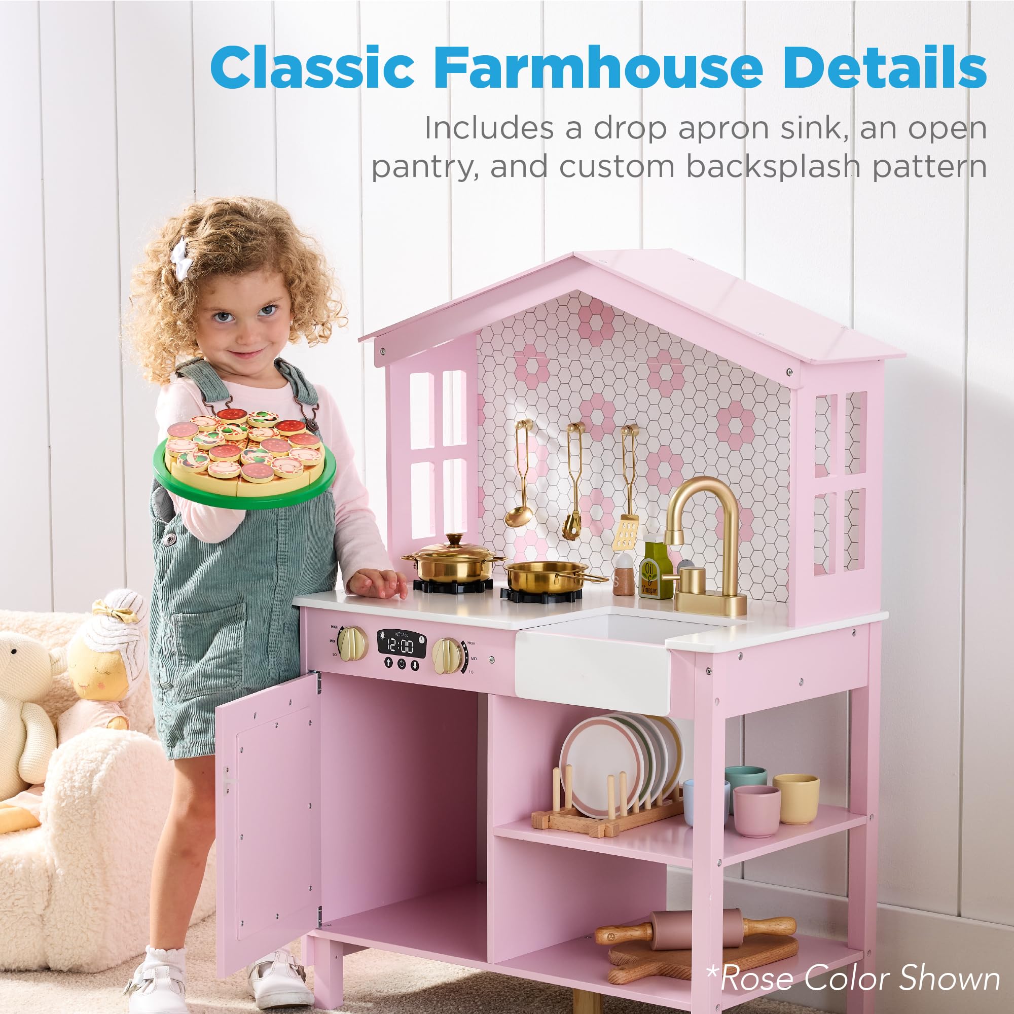 Best Choice Products Wooden Farmhouse Pretend Play Kitchen Set for Kids - Toy Storage, Clicking Knobs, Windows & 5 Accessories - Beveled White | Perfect for Imaginative Play, Preschool Learning & Toddler Role-Playing Games