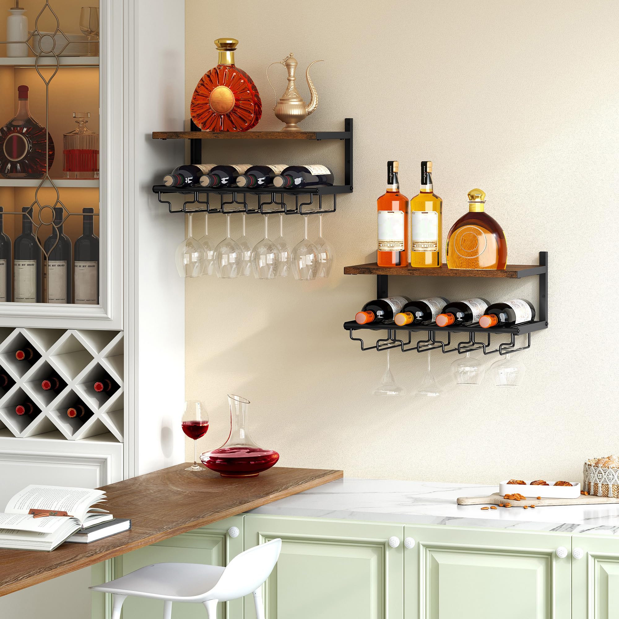 2-Tier Wall Mounted Wine Rack with Bottle Holder & Glass Storage - Rustic Bar Shelves for Liquor Display - Space-Saving Hanging Wine Rack for Home Bar, Kitchen, Dining Room & Wine Cellar Organization