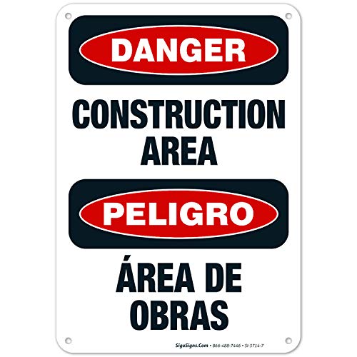 Danger Bilingual Construction Sign - OSHA Compliant 10x7 Inch Rust-Free .040 Aluminum, Fade Resistant for Indoor/Outdoor Use - Made in USA by Sigo Signs - Perfect for Job Sites, Warehouses & Safety Zones