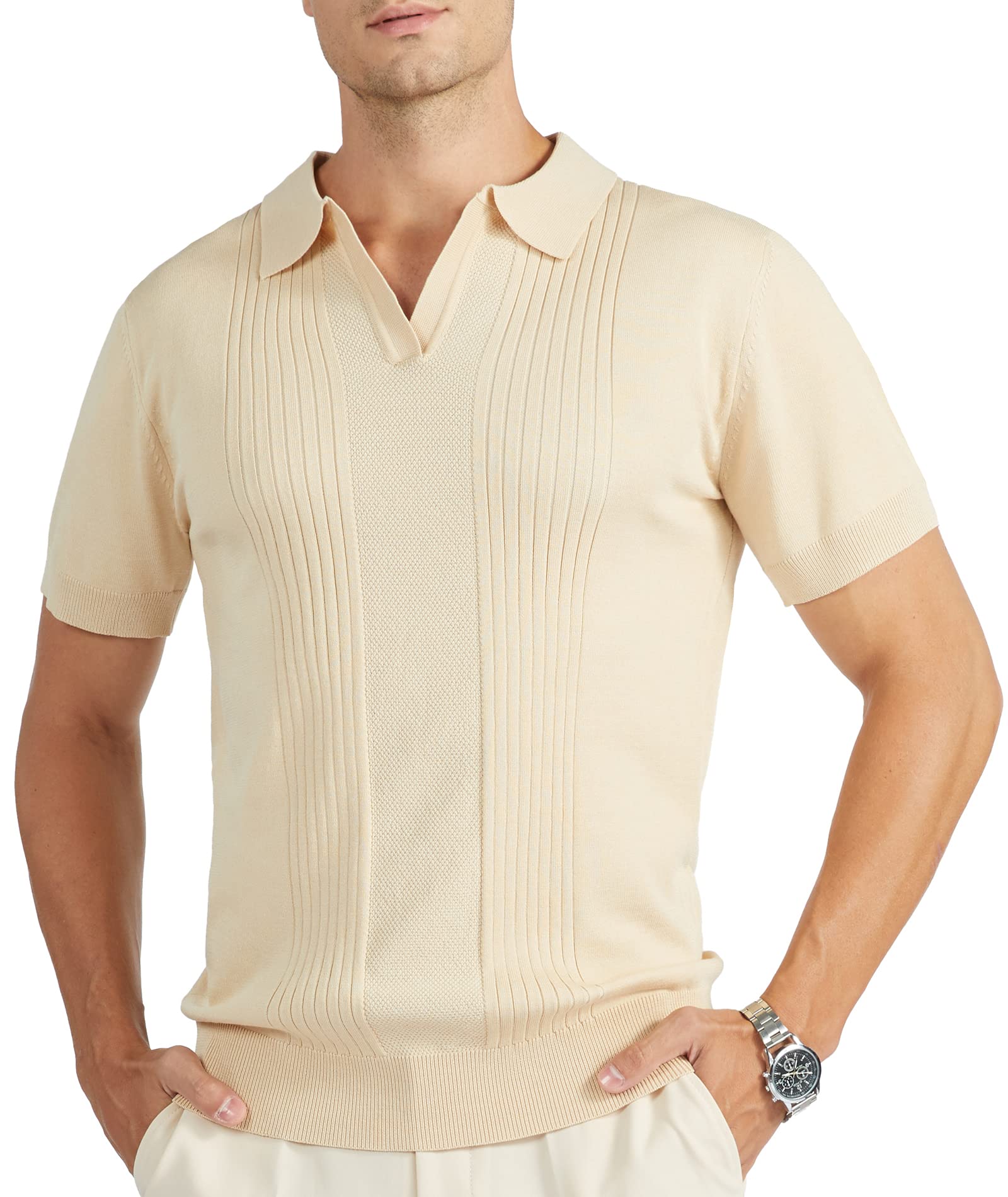 V VALANCH Men's Vintage Knit Polo Shirt - Short Sleeve Casual Sweater for Golf & Summer | Breathable Cotton Pullover for Outdoor Activities, Work & Social Events