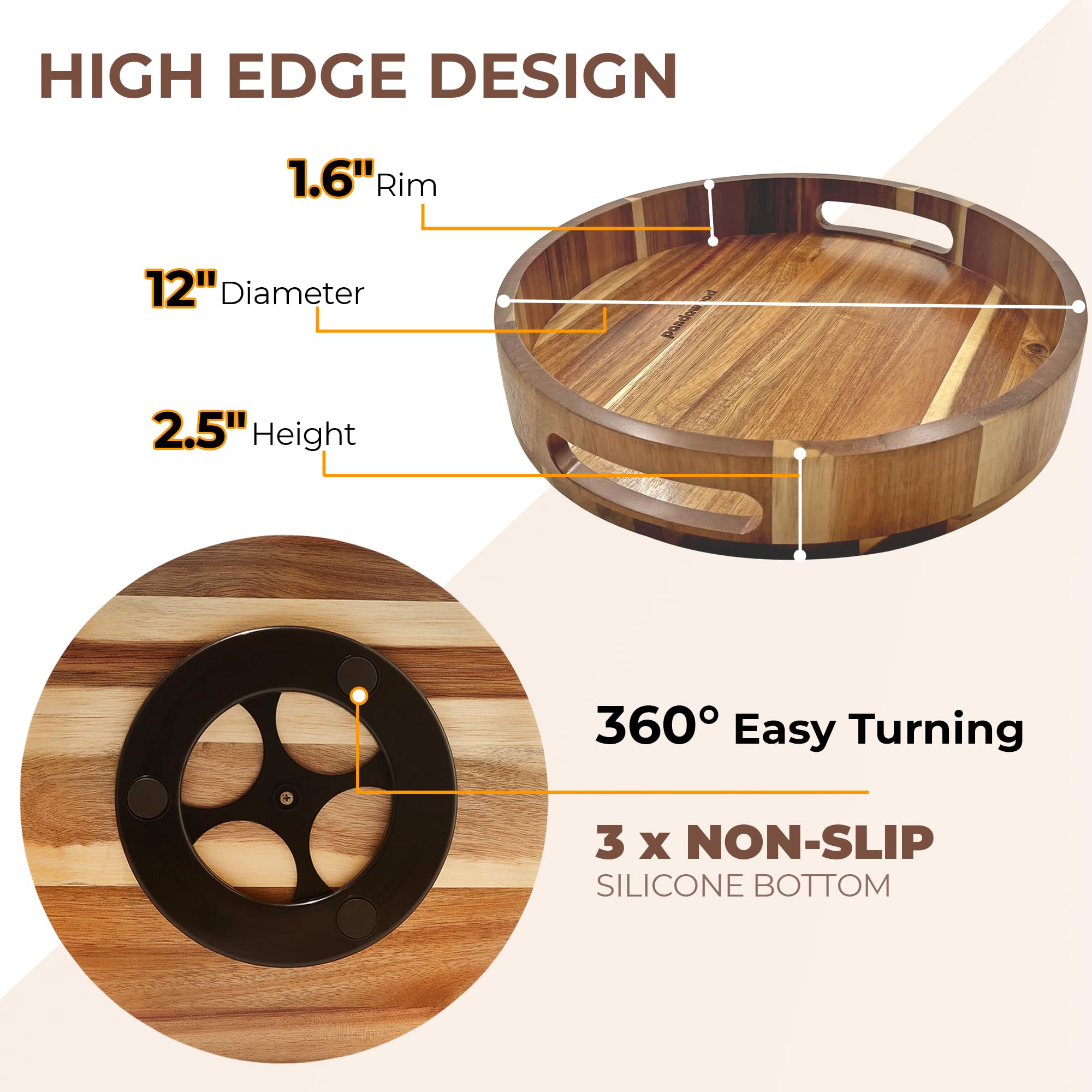 12 Inch Wooden Lazy Susan Turntable Organizer - 100% Acacia Wood Spinning Tray for Kitchen, Dining Table, Countertop & Pantry - Perfect for Spice Storage, Serving Dishes & Cabinet Organization