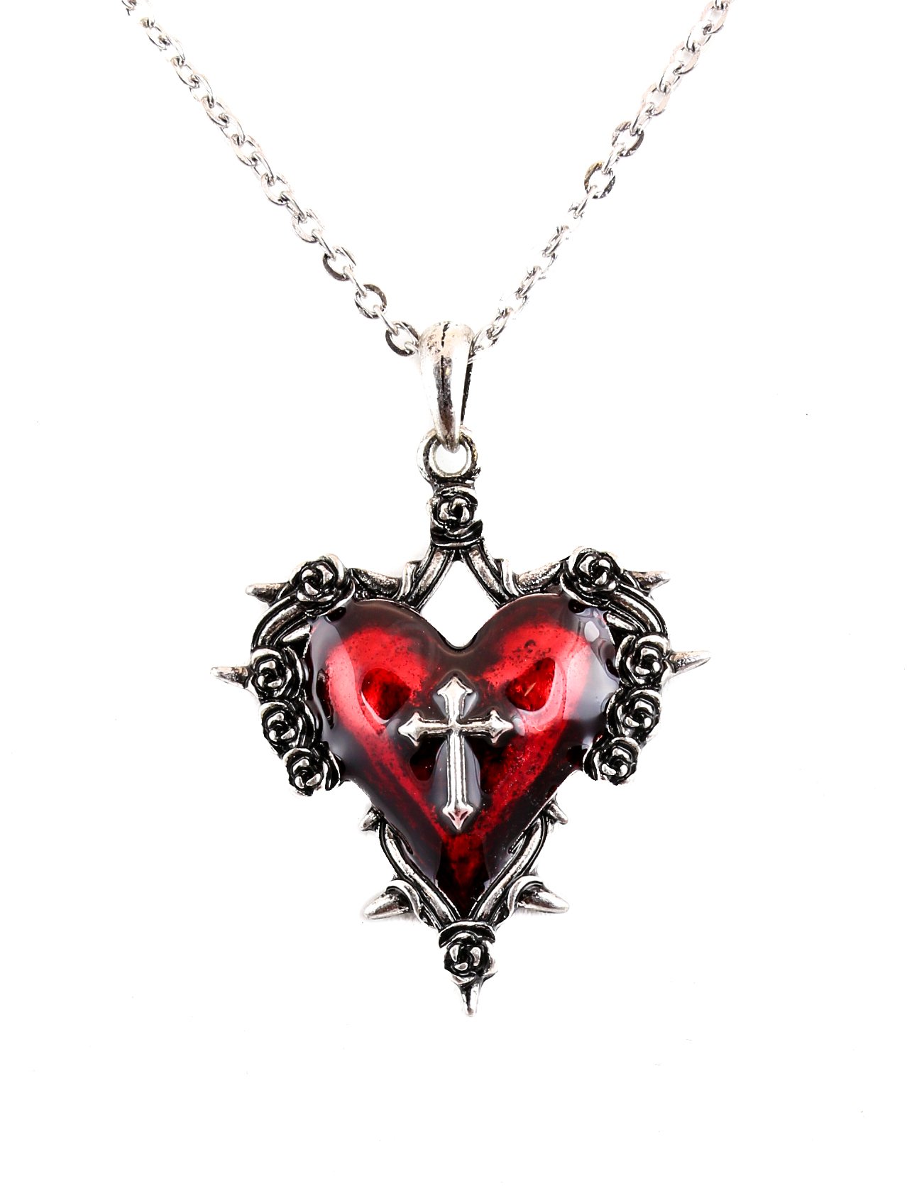 Gothic Sacred Heart Cross Rose Throne Steampunk Pendant Necklace - Unique Alternative Jewelry for Gothic Fashion, Cosplay & Victorian Style Outfits