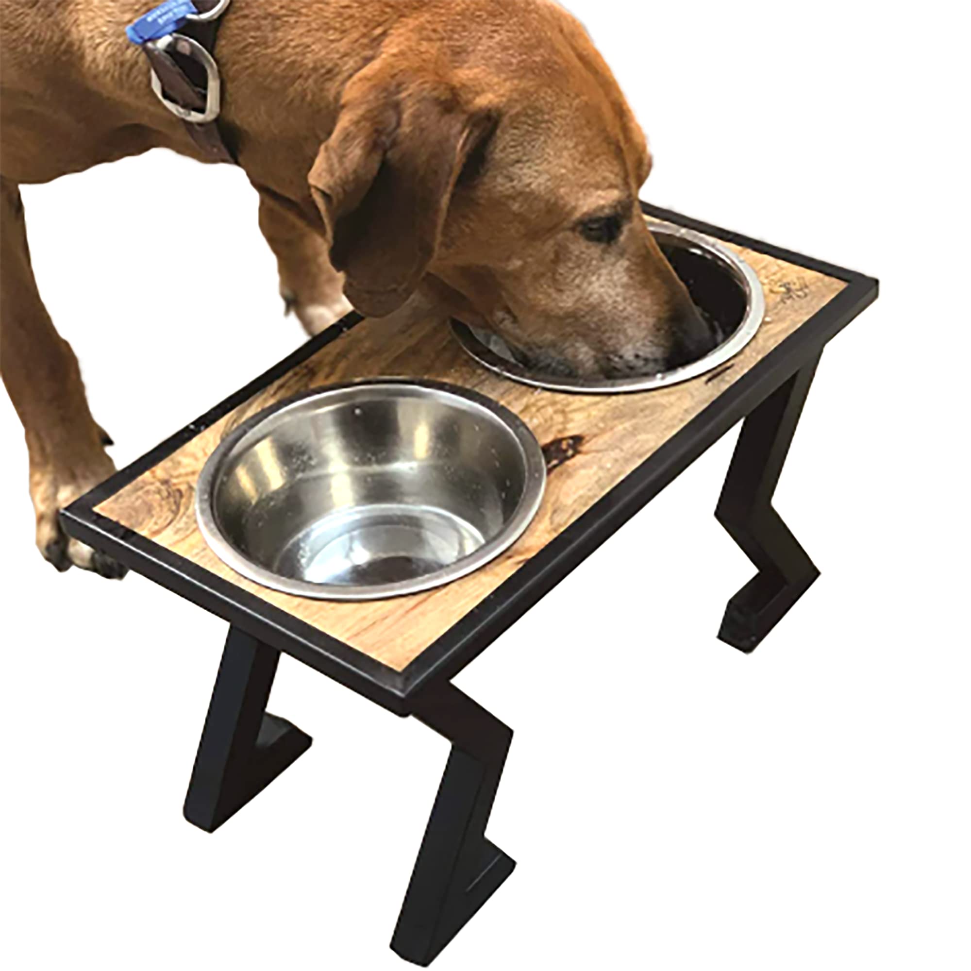 Elevated Dog Bowls for Large & Medium Dogs - 2 Stainless Steel Pet Food & Water Bowls with Mango Wood Top on Sturdy Black Metal Stand - Perfect for Dining Areas, Kitchens & Pet Feeding Stations