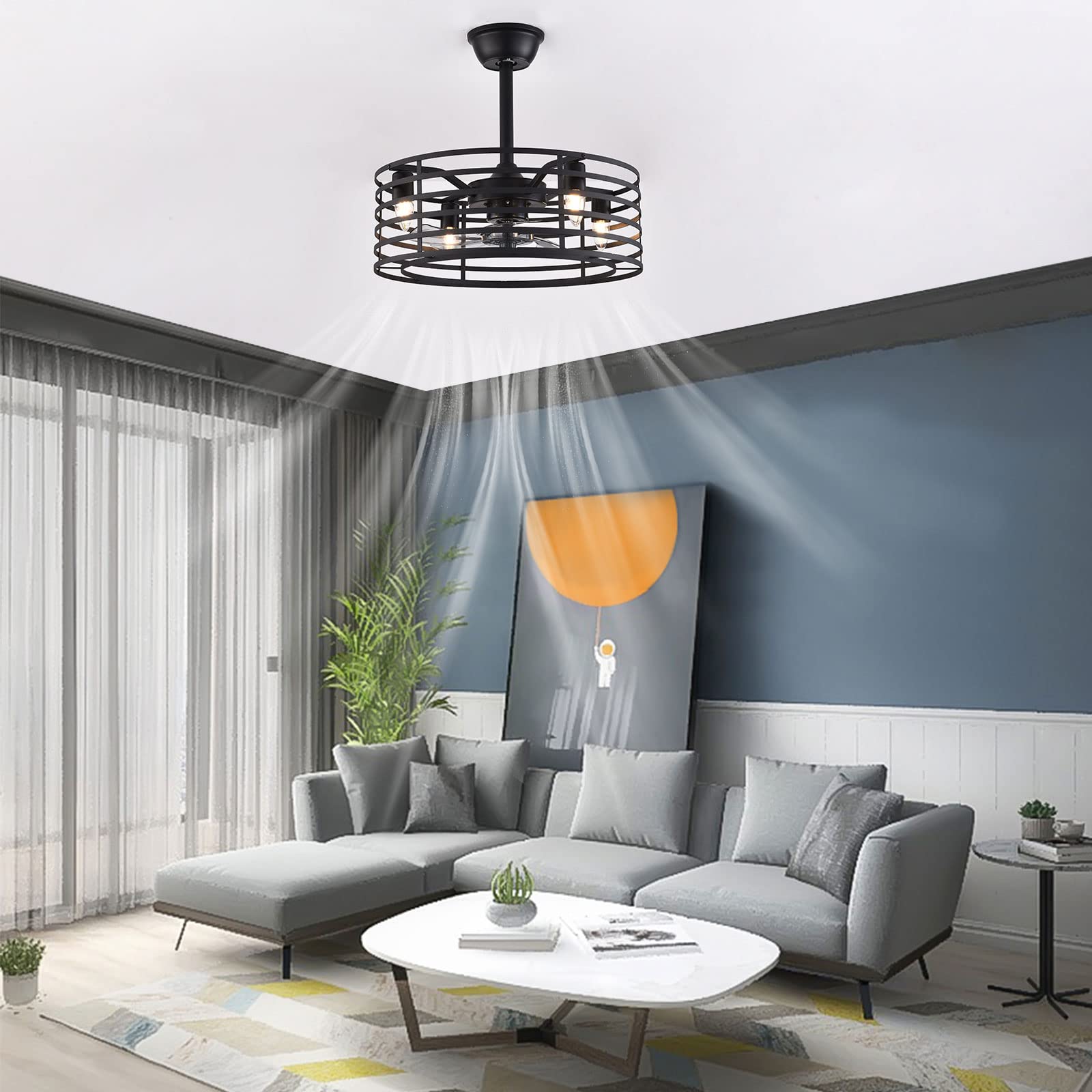20 Inch Farmhouse Ceiling Fan with Remote Control - Industrial Metal Cage Light Fixture, Rustic Style Indoor/Outdoor Ceiling Fan with LED Lights - Perfect for Living Room, Bedroom, Patio & Porch