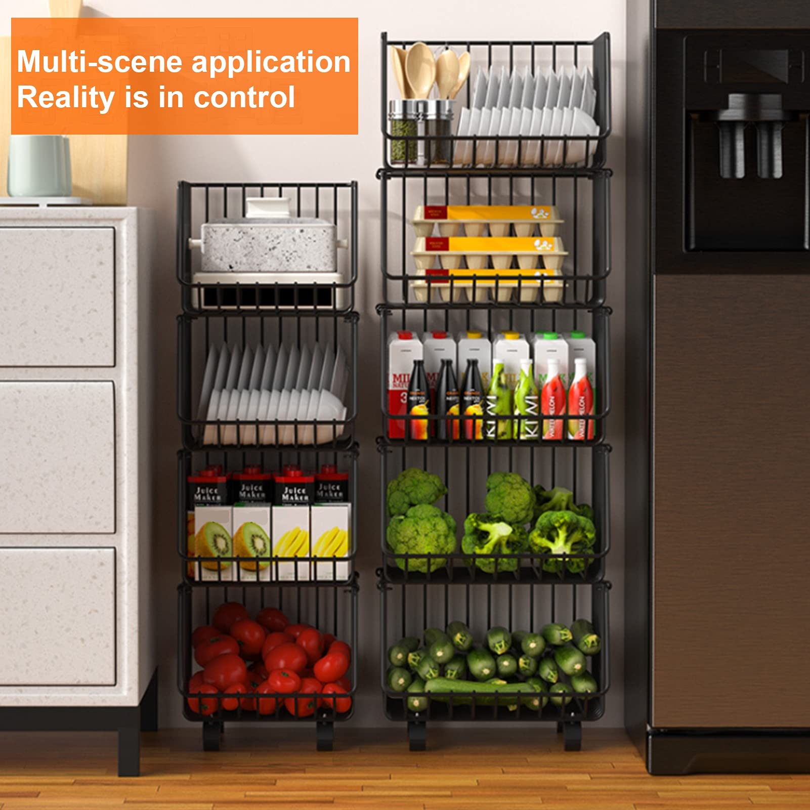 5-Tier Rolling Kitchen Cart with Large Metal Baskets - XL Utility Storage Shelf Organizer for Fruits, Vegetables & Pantry Items - Mobile Multipurpose Rack for Home, Office, or Commercial Use