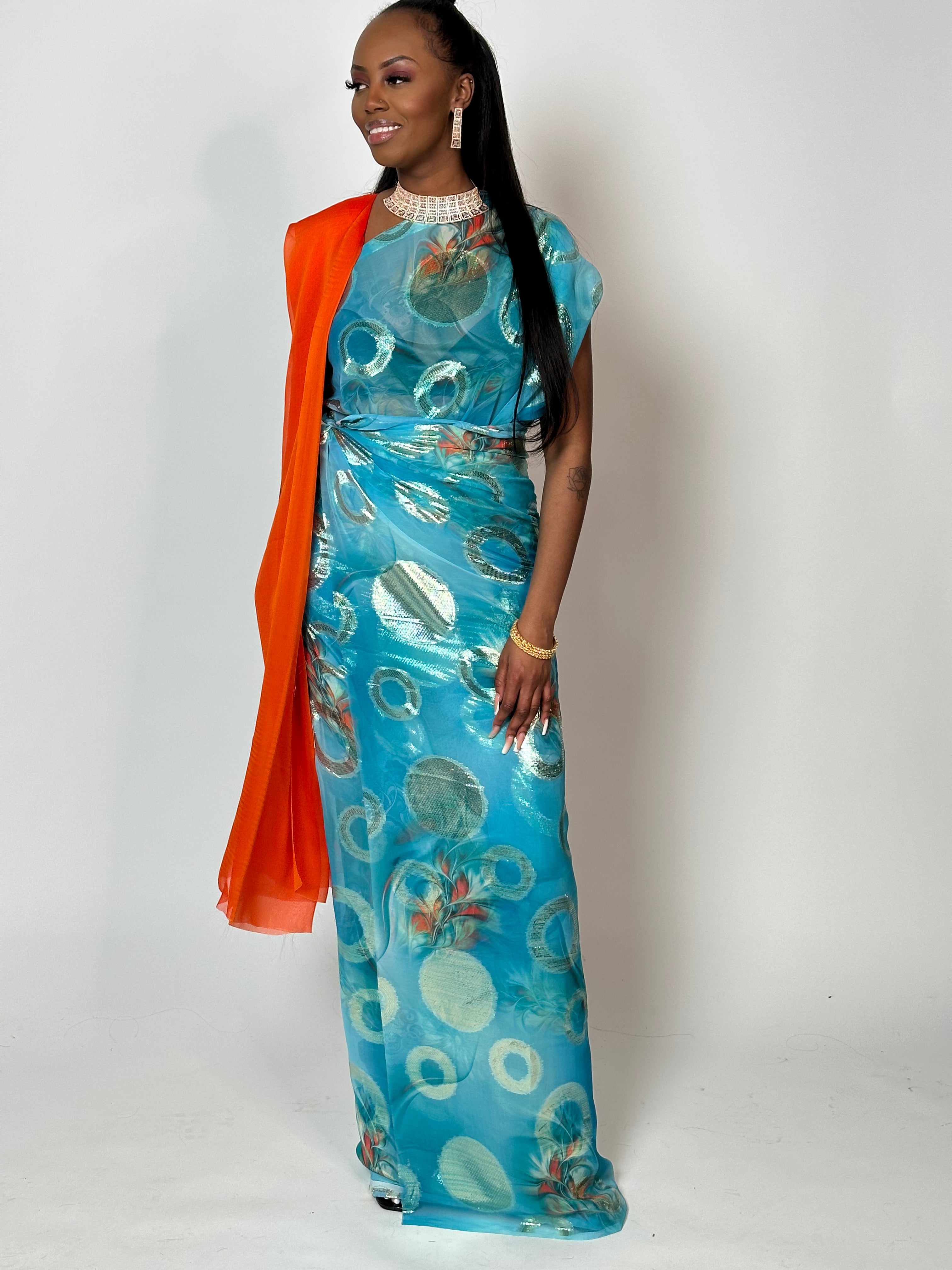 Aqua Blue and Orange Somali Dirac Guuntino Scarf - Lightweight Summer Shawl for Women, Beach Cover-Up, Boho Fashion Accessory