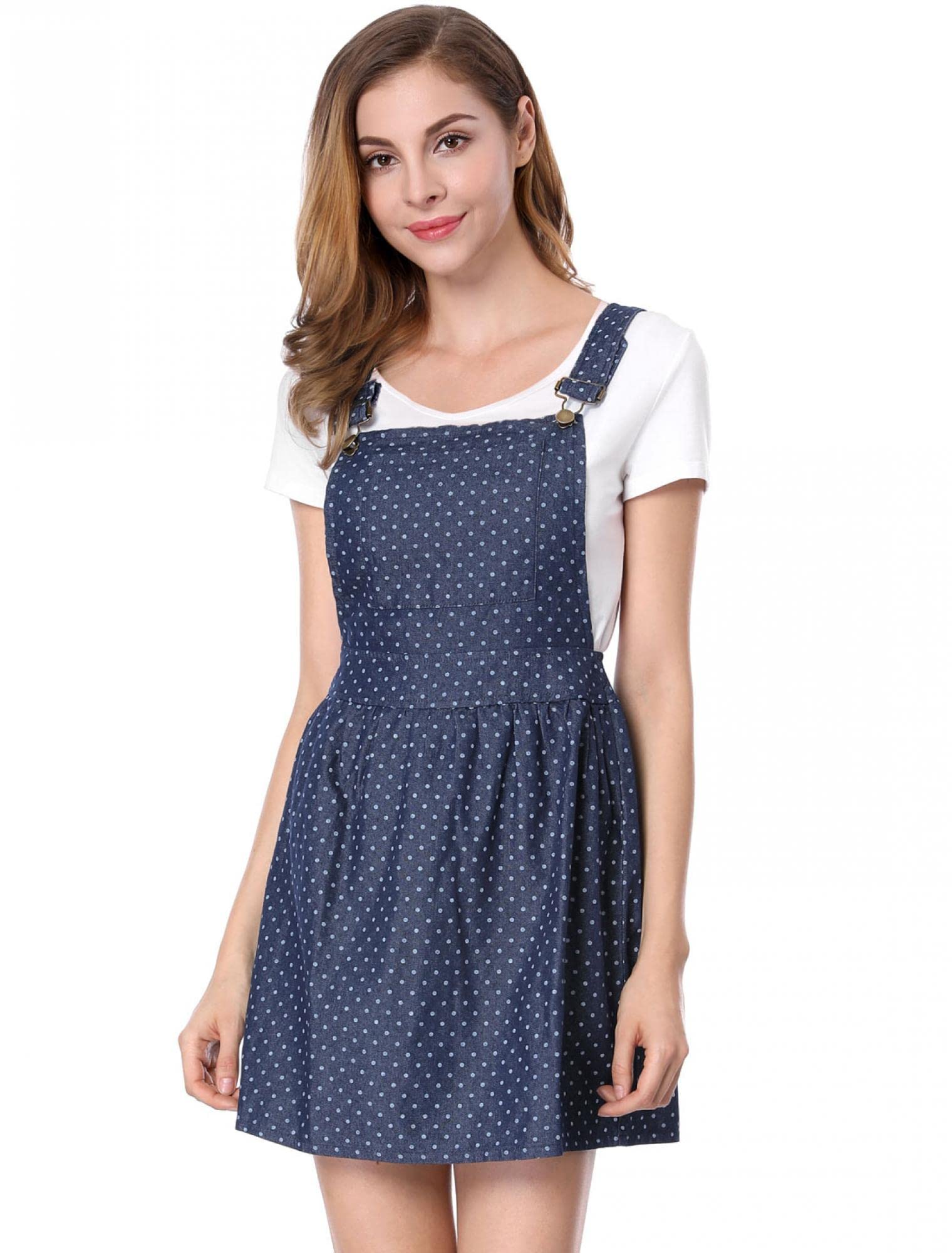 Allegra K Women's Printed Chambray Pinafore Dress with Adjustable Straps | Casual Mini Overalls for Spring & Summer Outfits | Perfect for Brunch, Shopping & Outdoor Activities