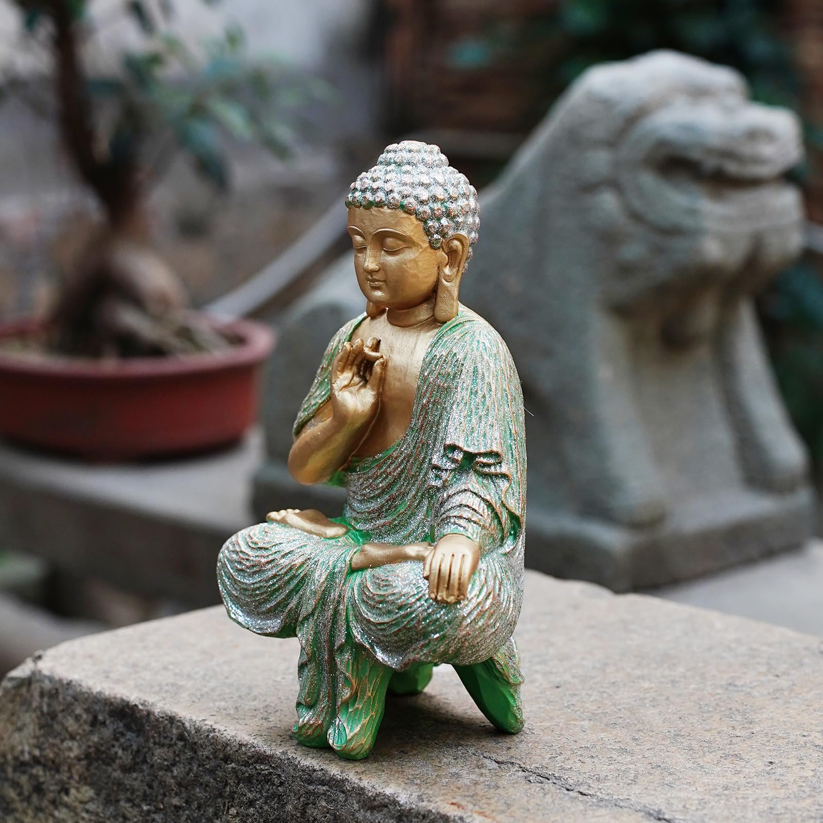 Green Outdoor Buddha Statue - Meditating Mudra Buddha Figurine for Zen Garden Decor, Patio, Balcony & Yard | Spiritual Home & Office Ornament | Perfect Gift for Meditation & Mindfulness Practice