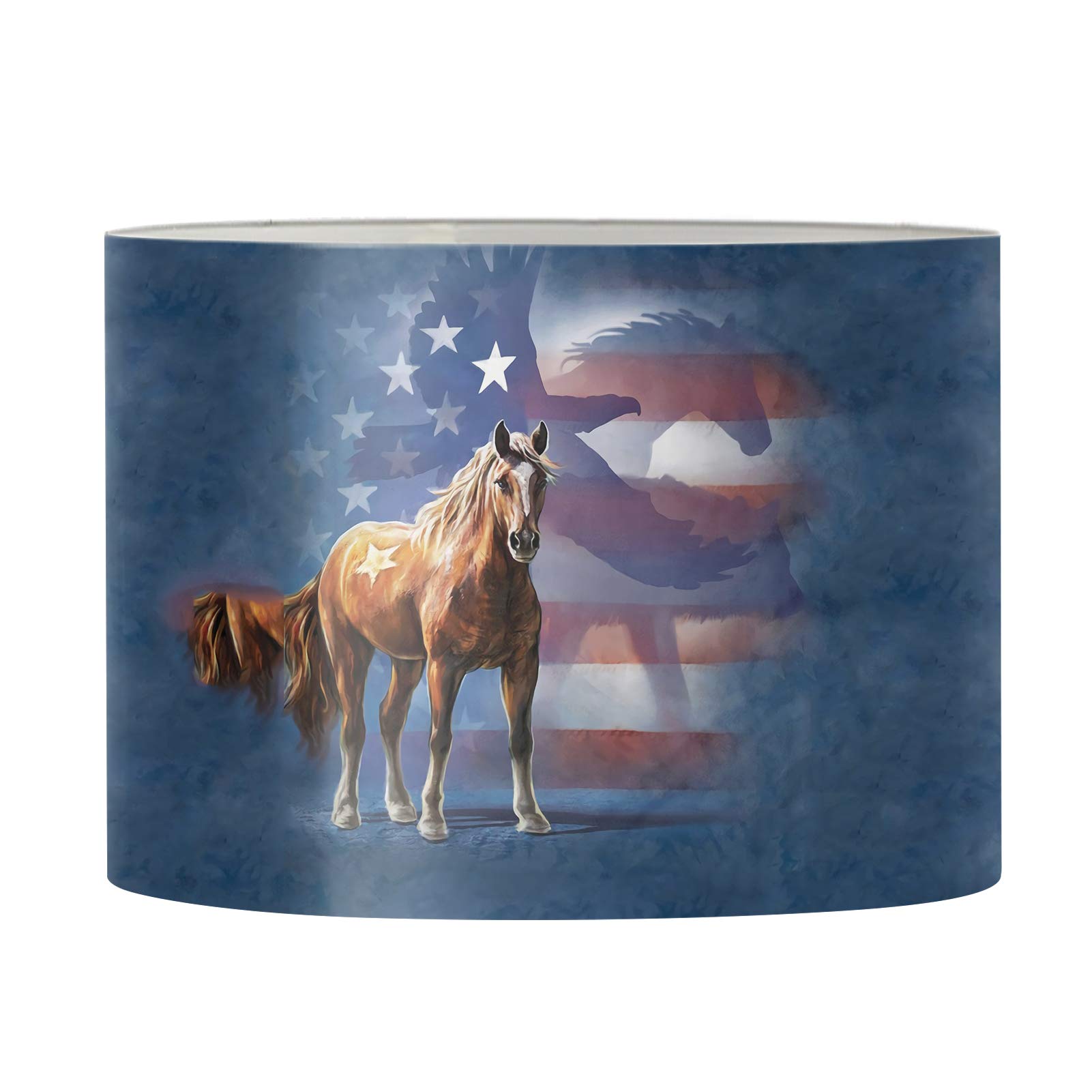 FKELYI American Flag Horse Design Drum Fabric Lamp Shade - Traditional Lighting for Bedroom, Kids Room, Study, Living Room & Office - Perfect for Patriotic Home Decor & Western Theme Interiors